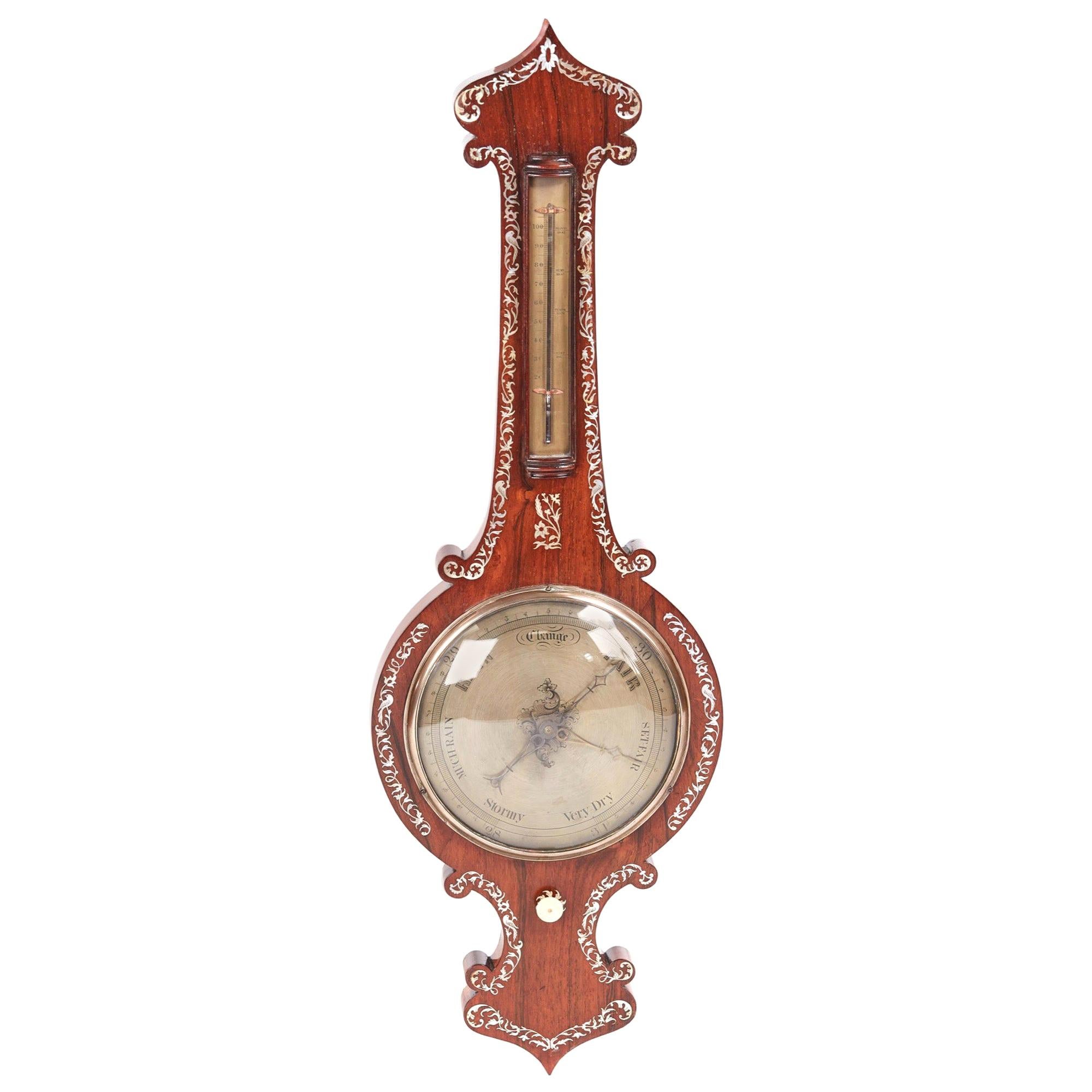 19th Century Antique Hardwood Inlaid Banjo Barometer