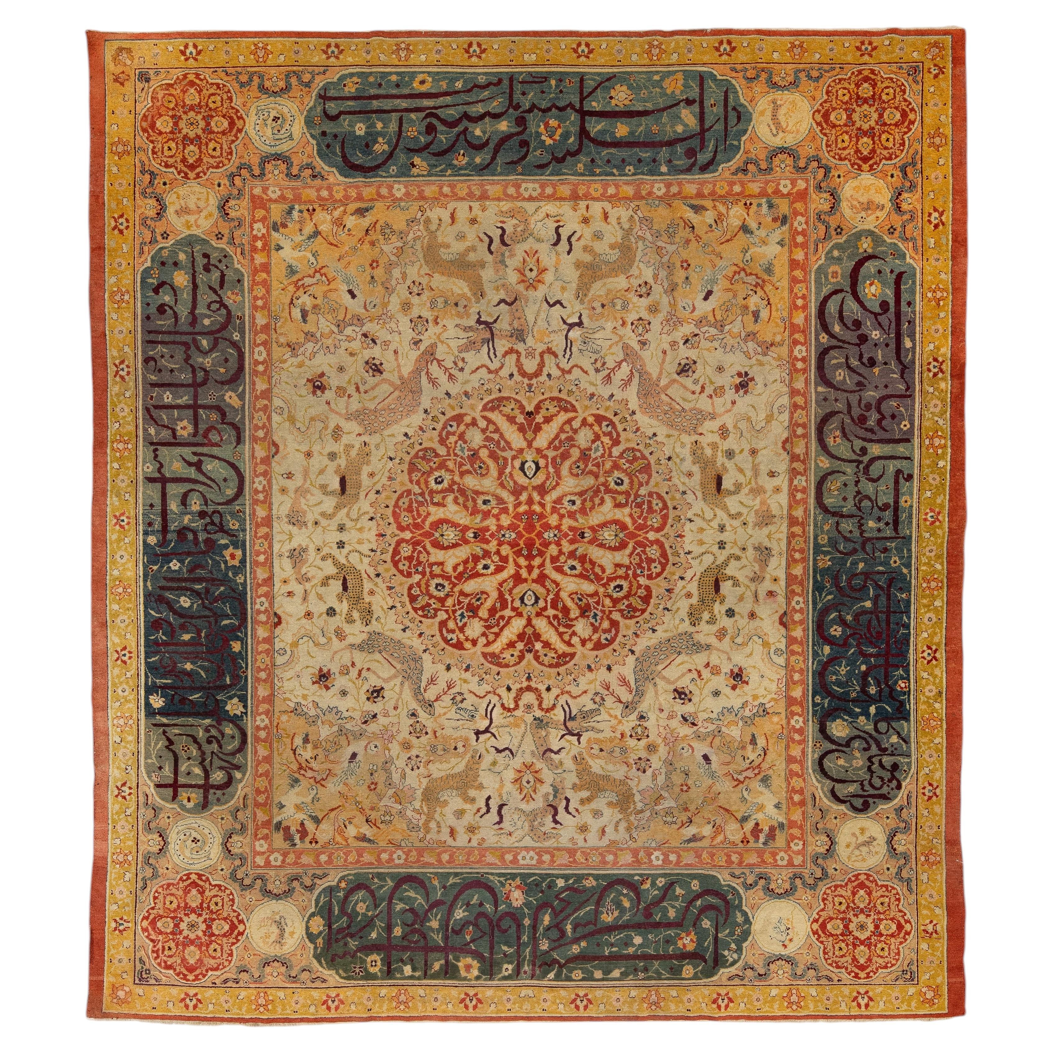 19th Century Antique Indian Agra Hunting Rug with Persian Calligraphy ...