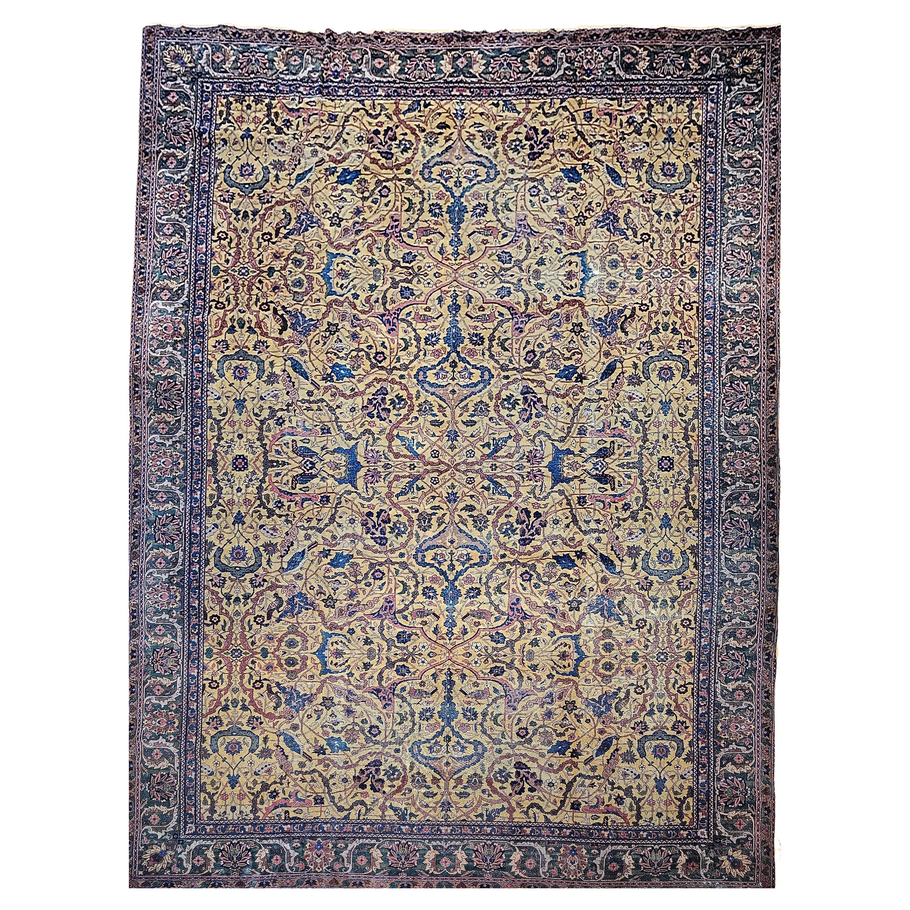 19th Century Antique Indian Agra Rug, Hand-Knotted Wool, Garden Motif, 12' x 17'