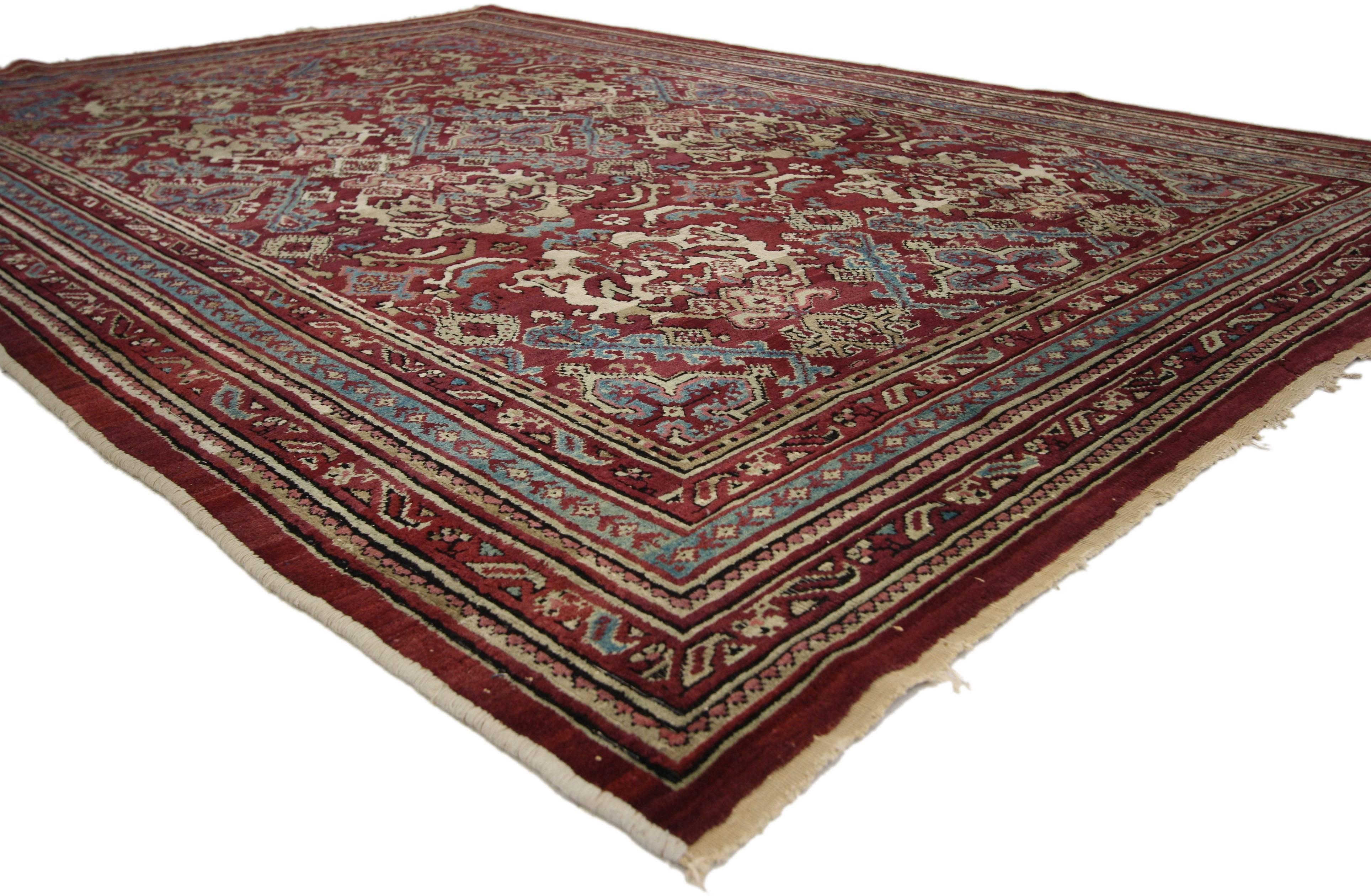 74672 19th Century Antique Indian Agra Rug with Modern Design. This antique Agra was hand-knotted in India during the late 19th century. It features a traditional, yet elegant composition characterized by an all-over pattern unfolding a balanced