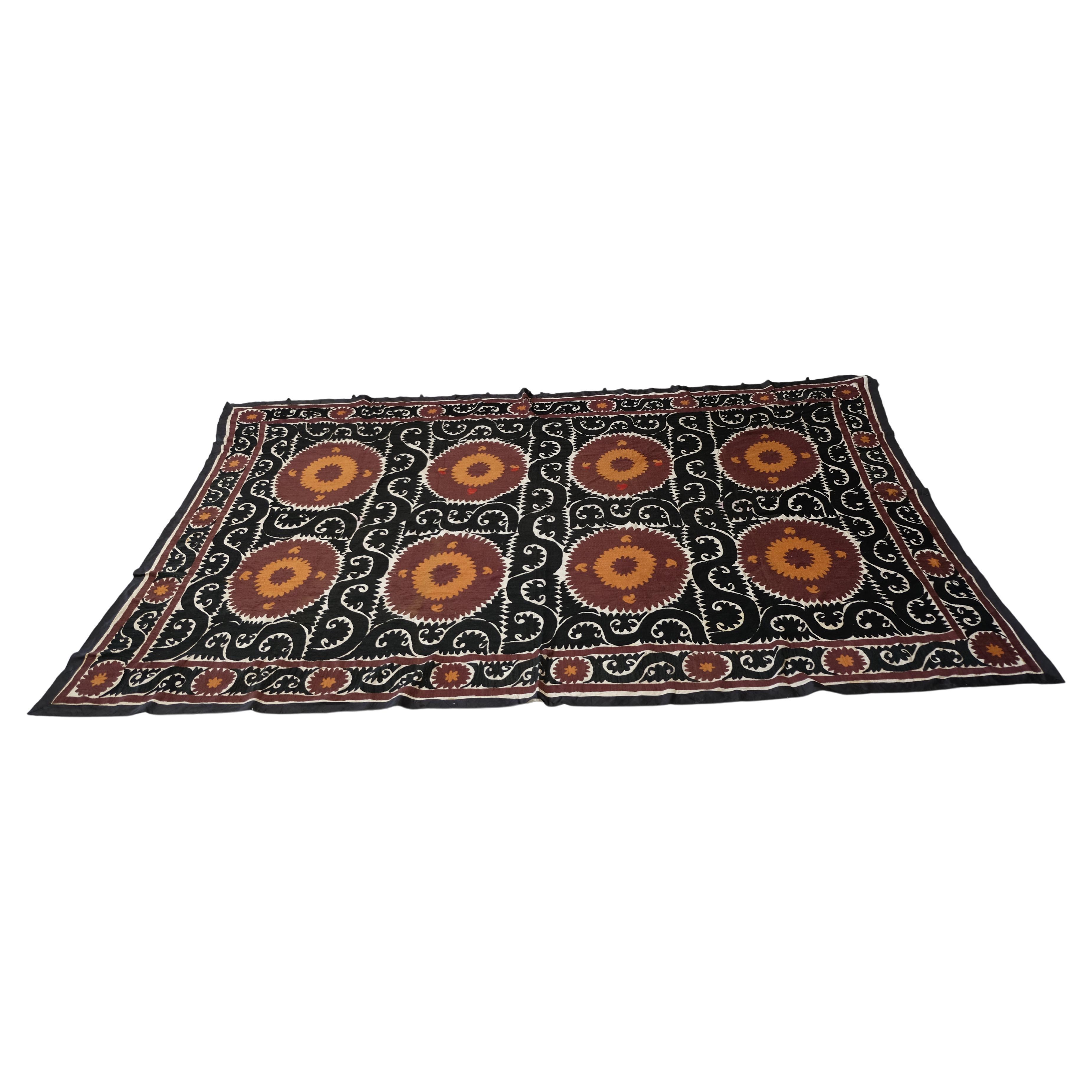 19th Century Antique Indian Black & Brown Suzani For Sale