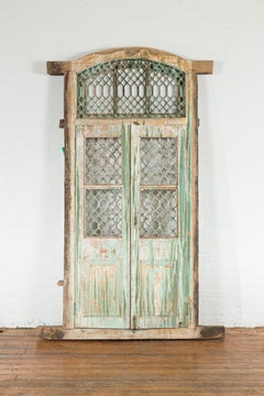 Antique Indian 1900s Grate Window with Green Paint and Distressed Patina