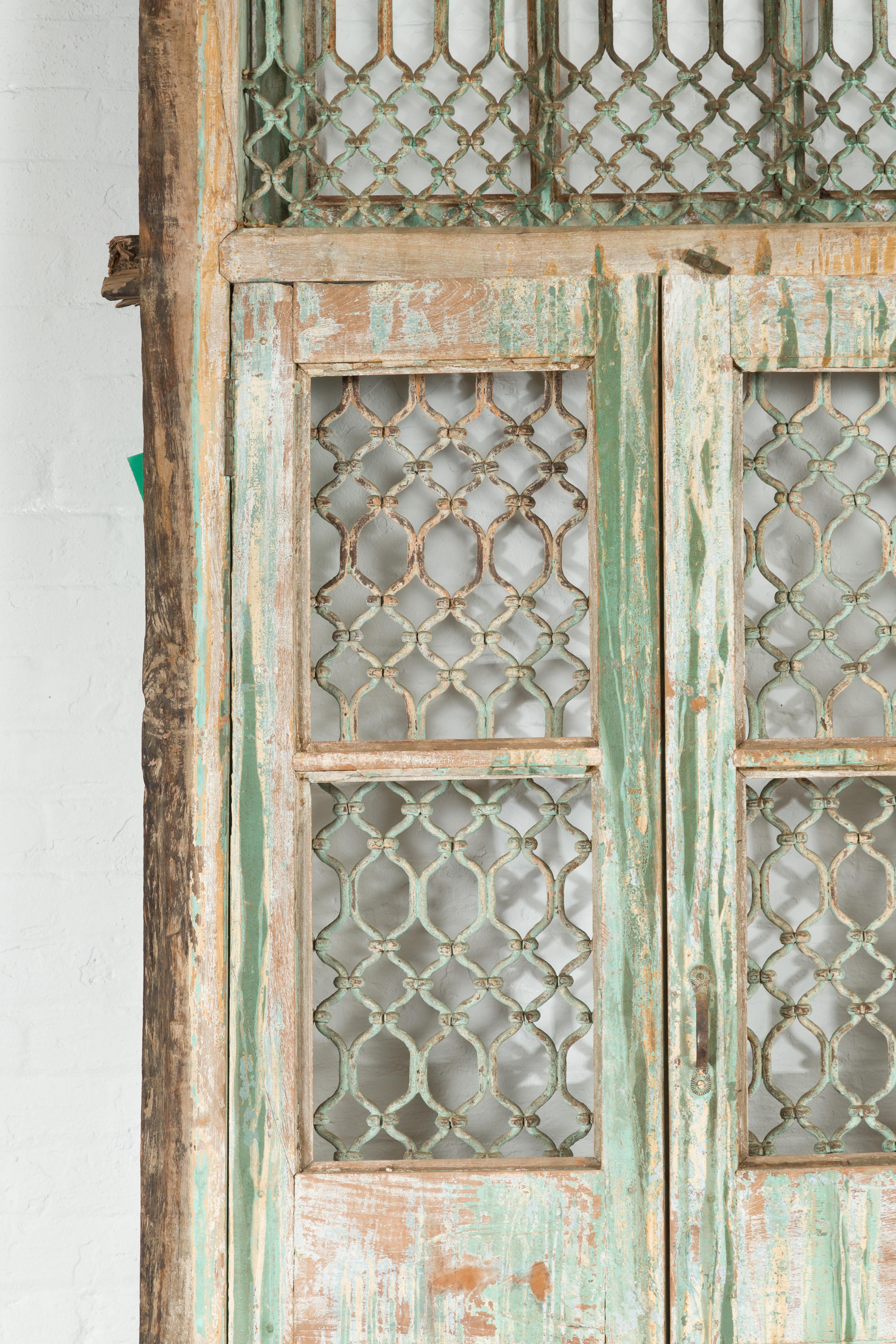 Painted Antique Indian 1900s Grate Window with Green Paint and Distressed Patina For Sale