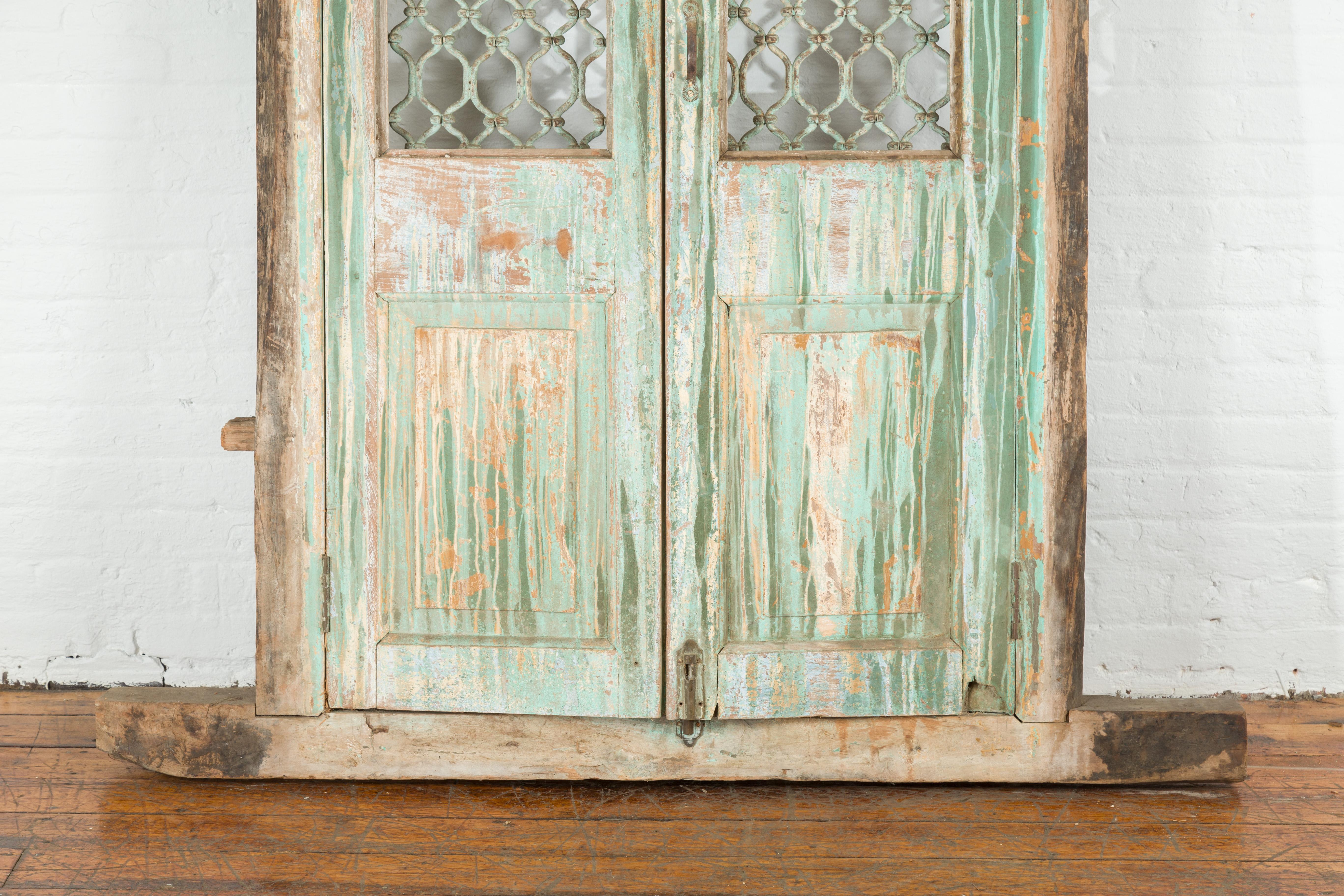 20th Century Antique Indian 1900s Grate Window with Green Paint and Distressed Patina For Sale