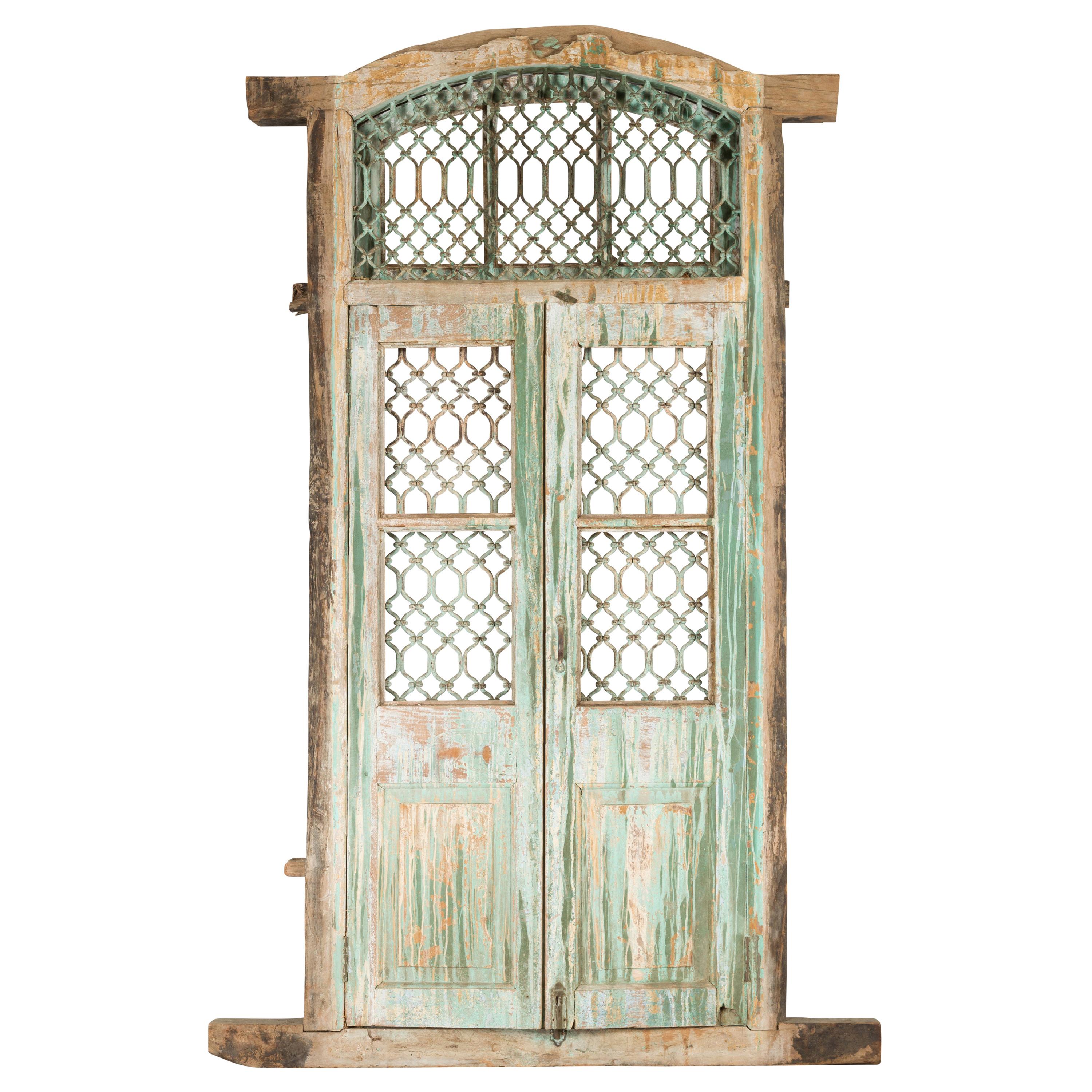 Antique Indian 1900s Grate Window with Green Paint and Distressed Patina