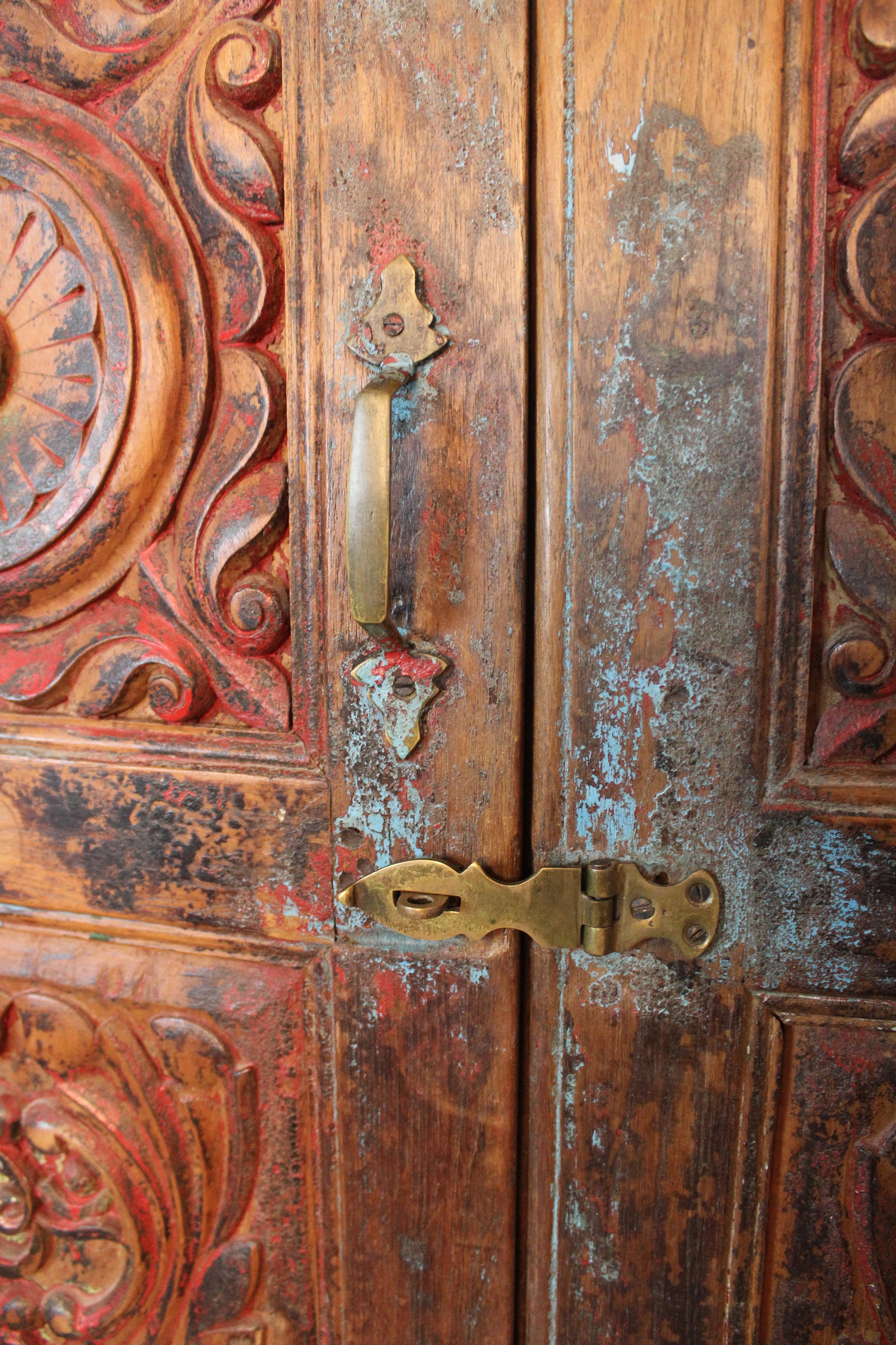 19th Century Antique Indian Teak Painted Armoire For Sale 5
