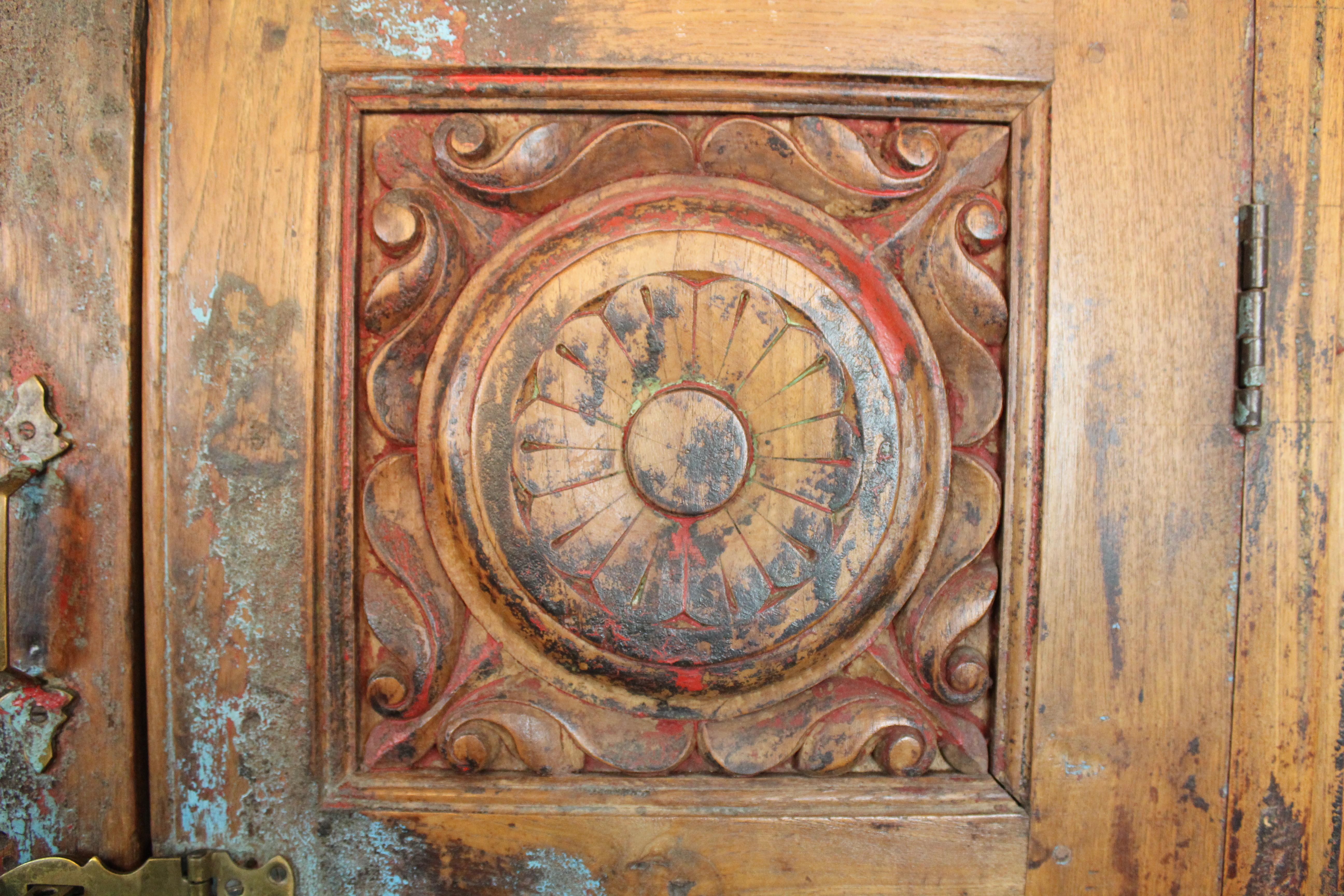 19th Century Antique Indian Teak Painted Armoire For Sale 6