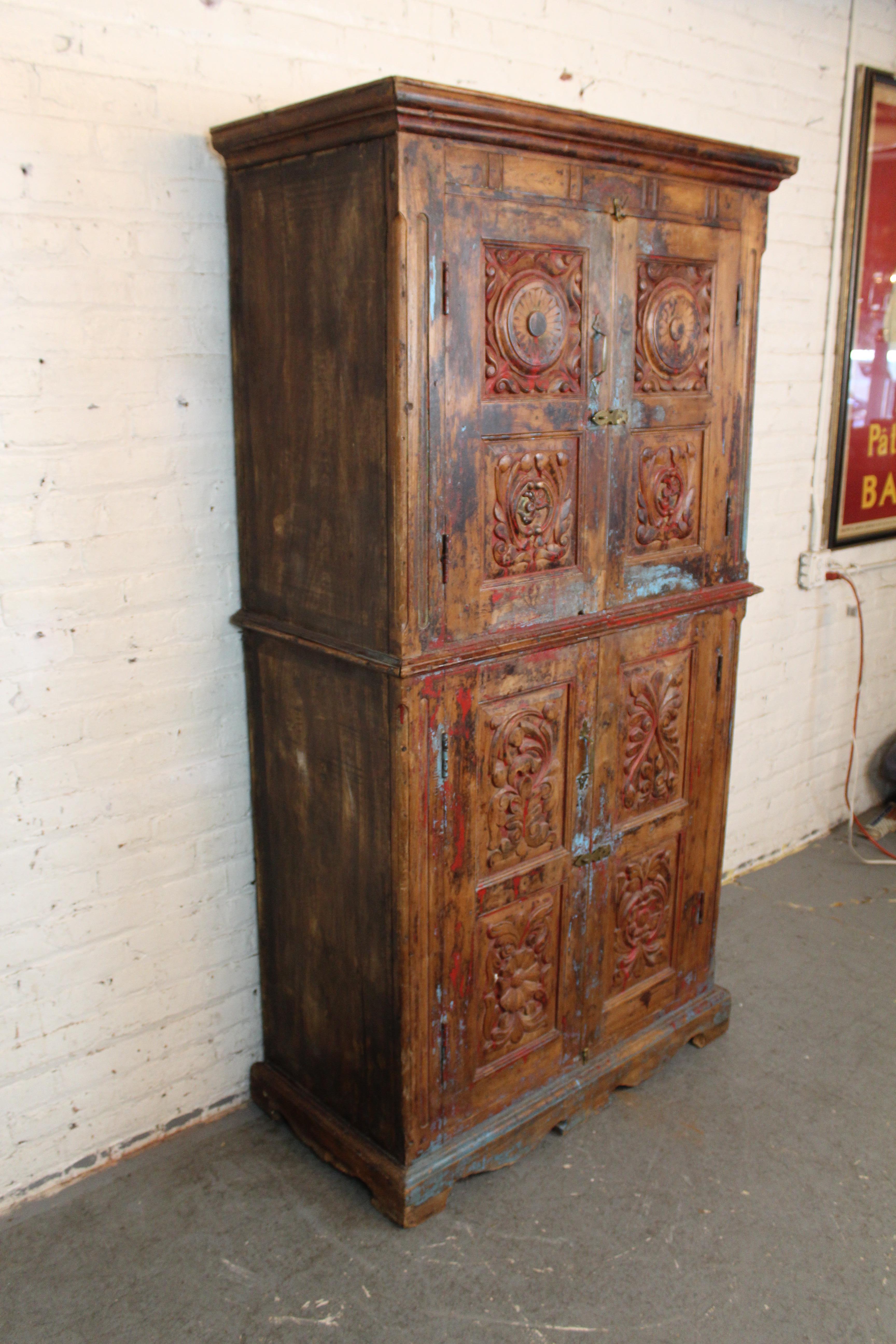 Anglo-Indian 19th Century Antique Indian Teak Painted Armoire For Sale