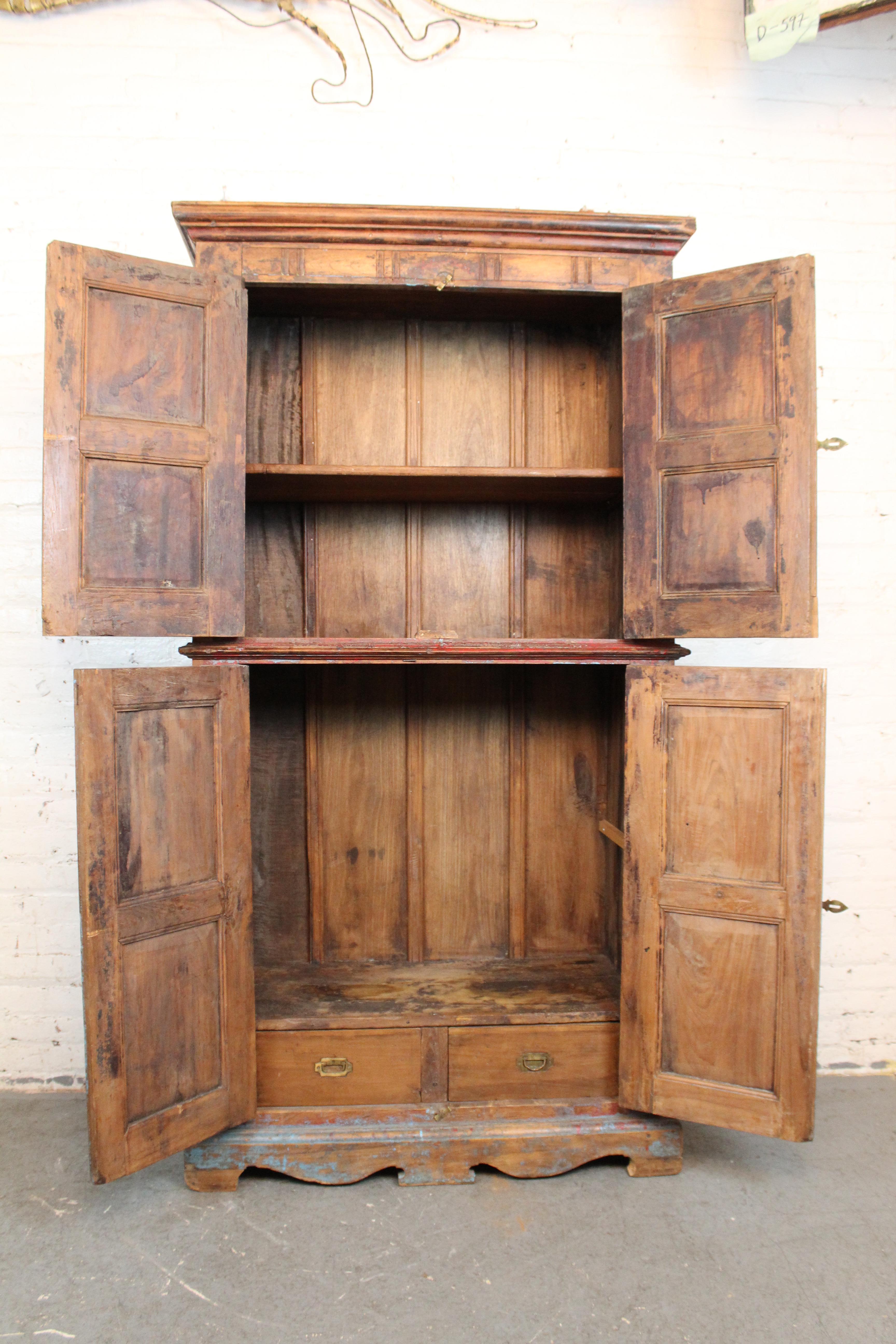 Carved 19th Century Antique Indian Teak Painted Armoire For Sale