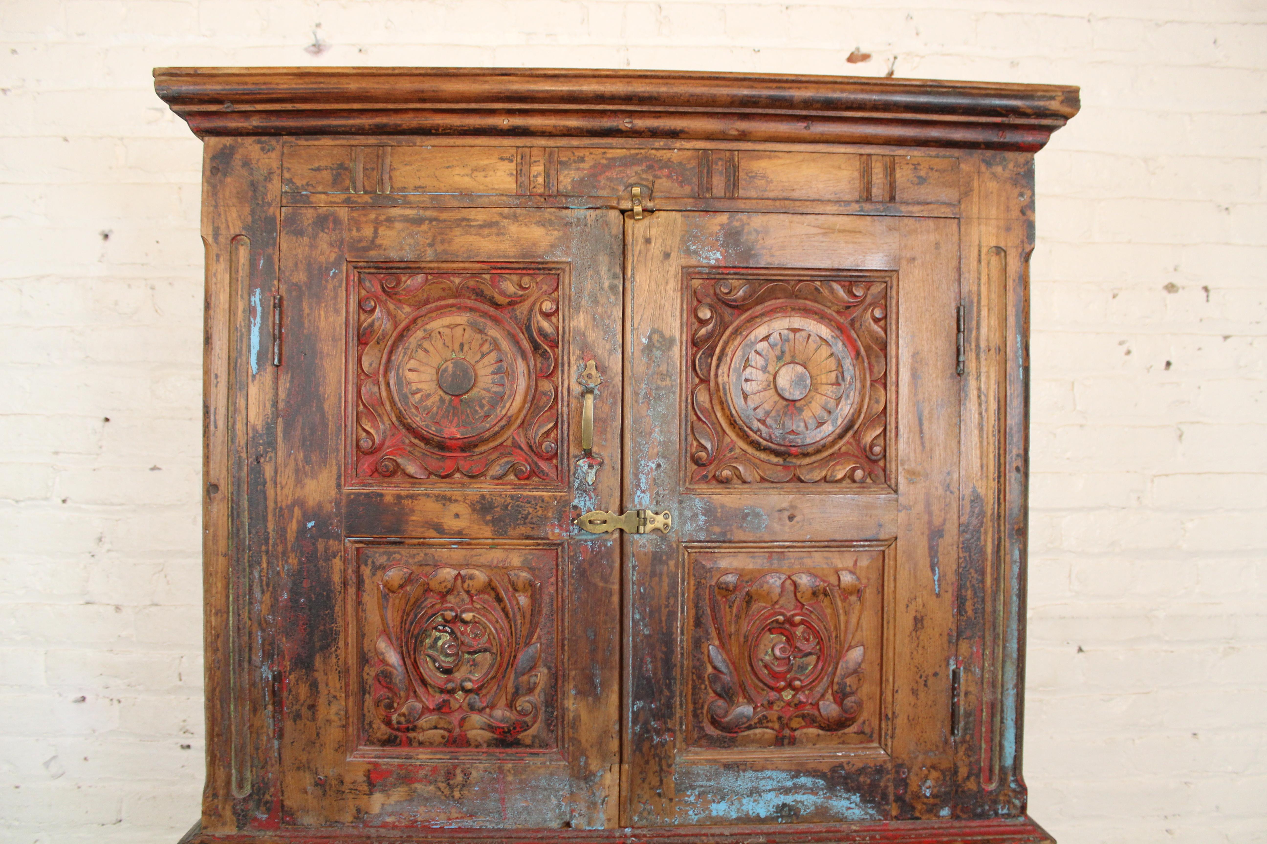19th Century Antique Indian Teak Painted Armoire In Distressed Condition For Sale In Brooklyn, NY