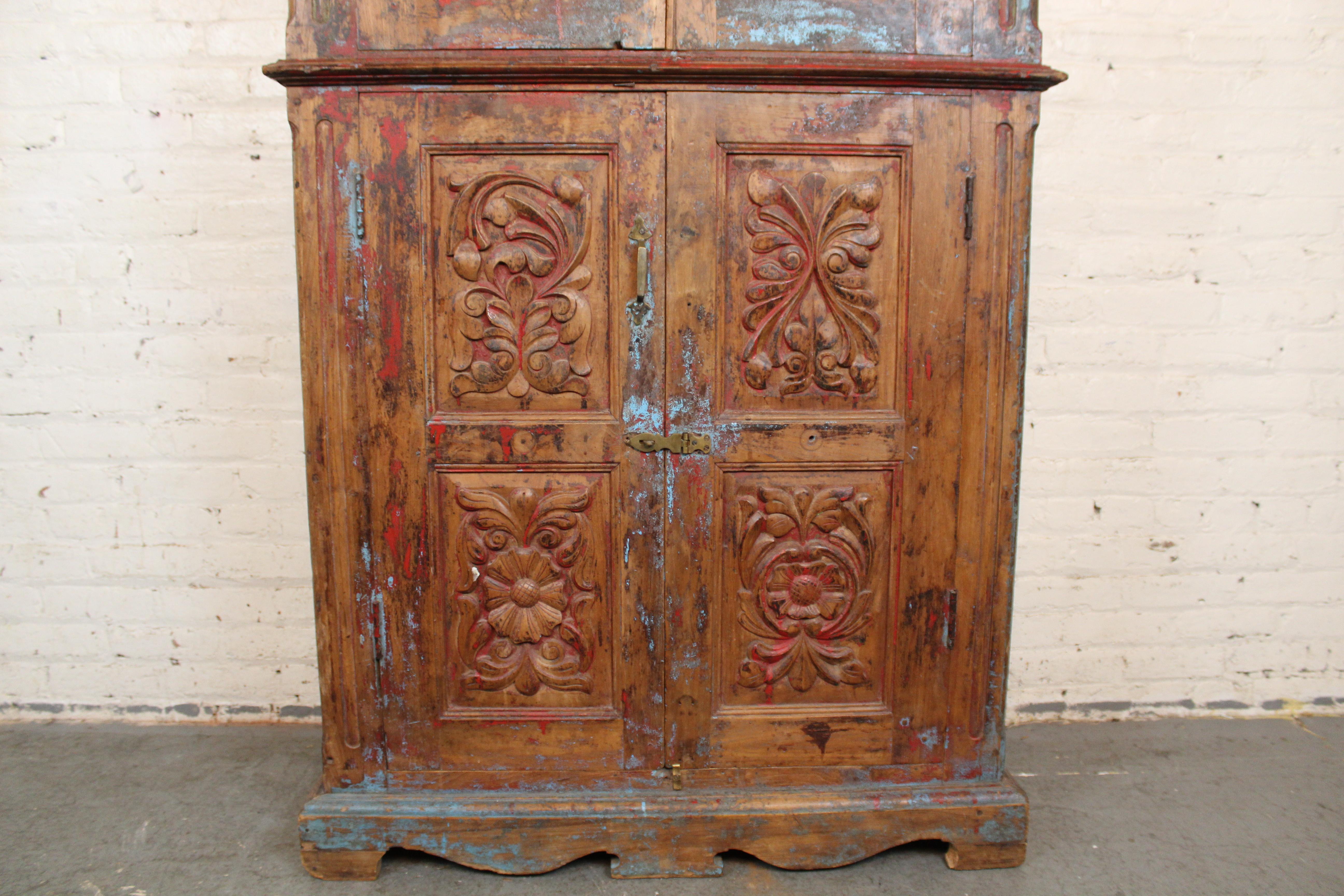 Wood 19th Century Antique Indian Teak Painted Armoire For Sale