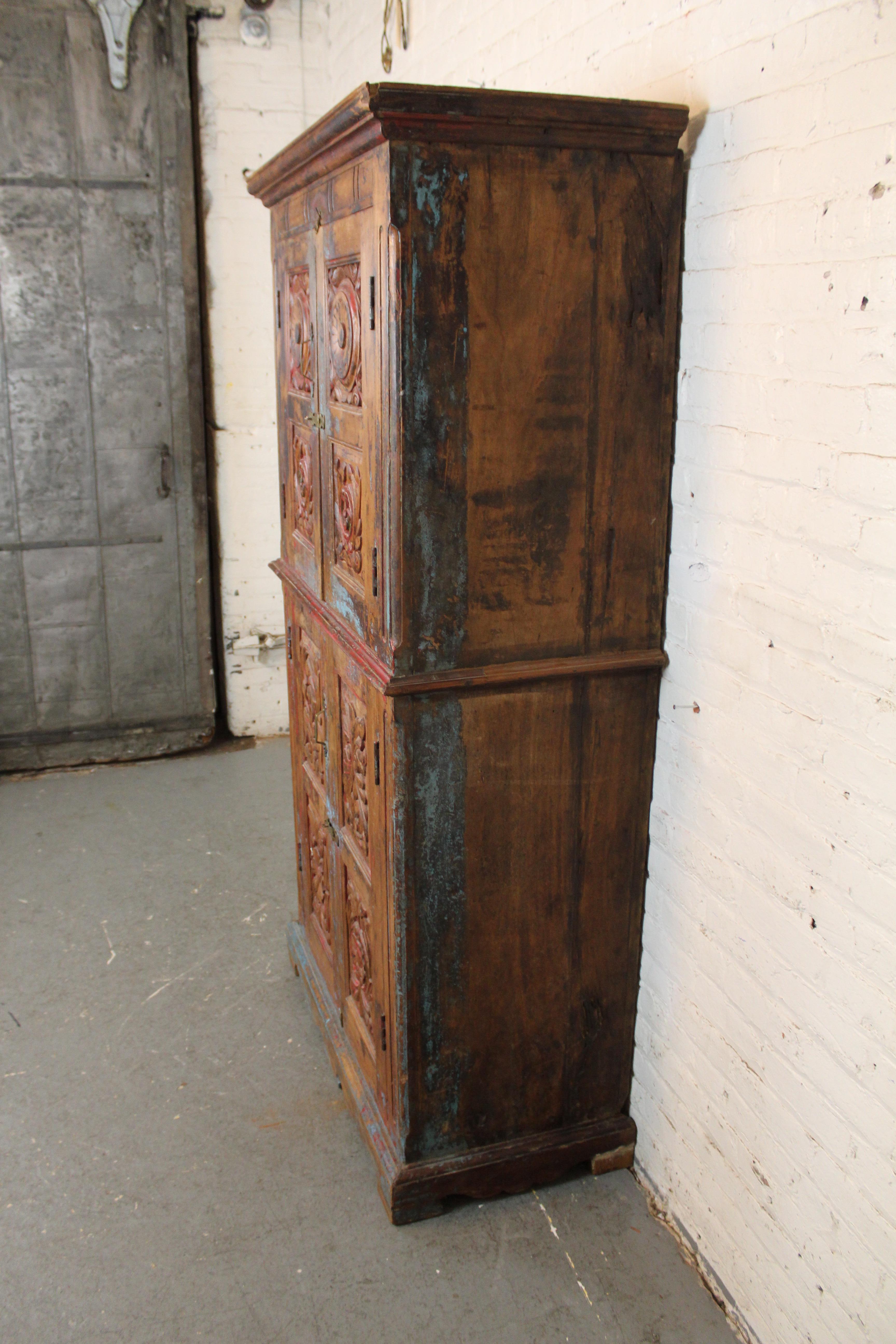19th Century Antique Indian Teak Painted Armoire For Sale 1