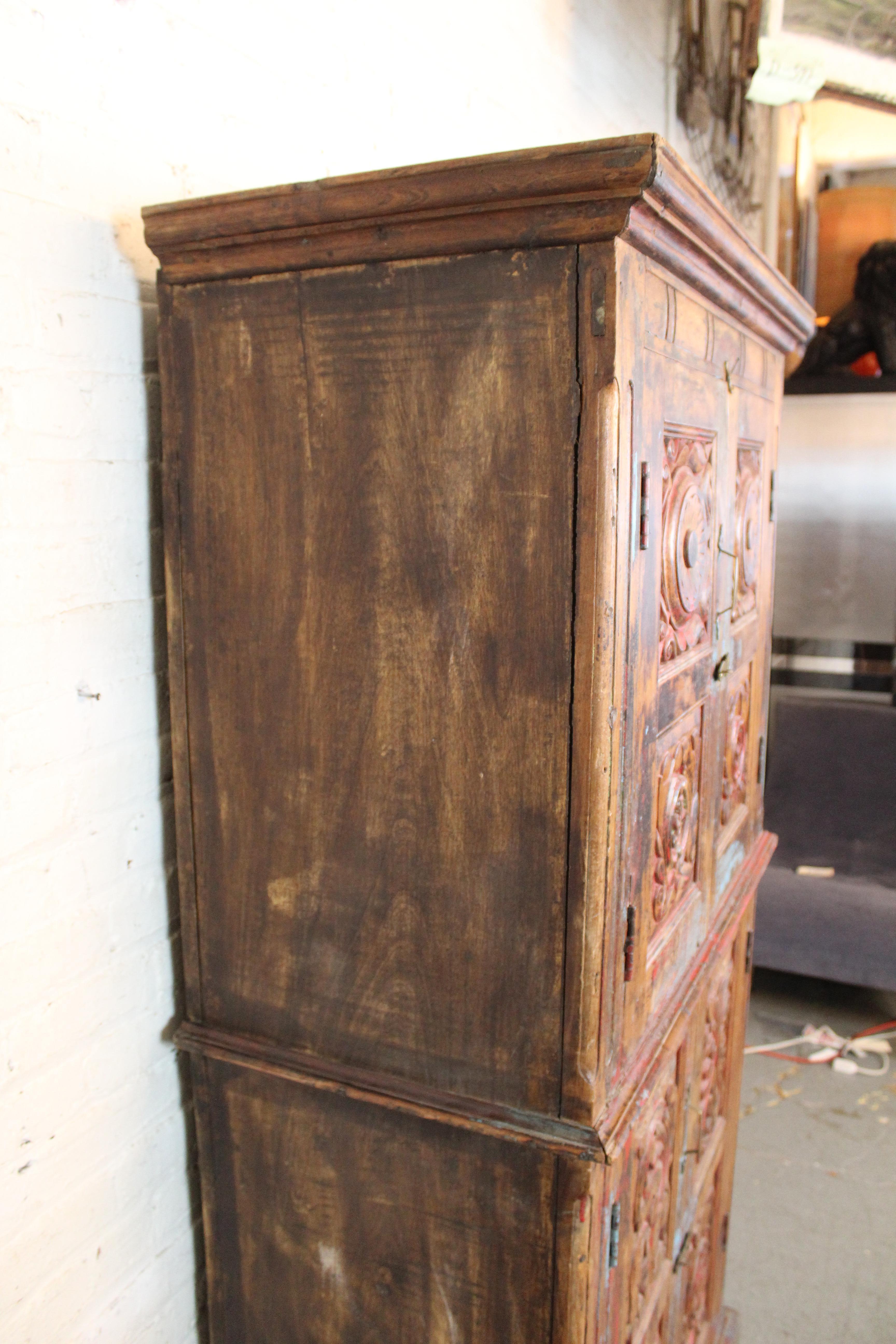 19th Century Antique Indian Teak Painted Armoire For Sale 2
