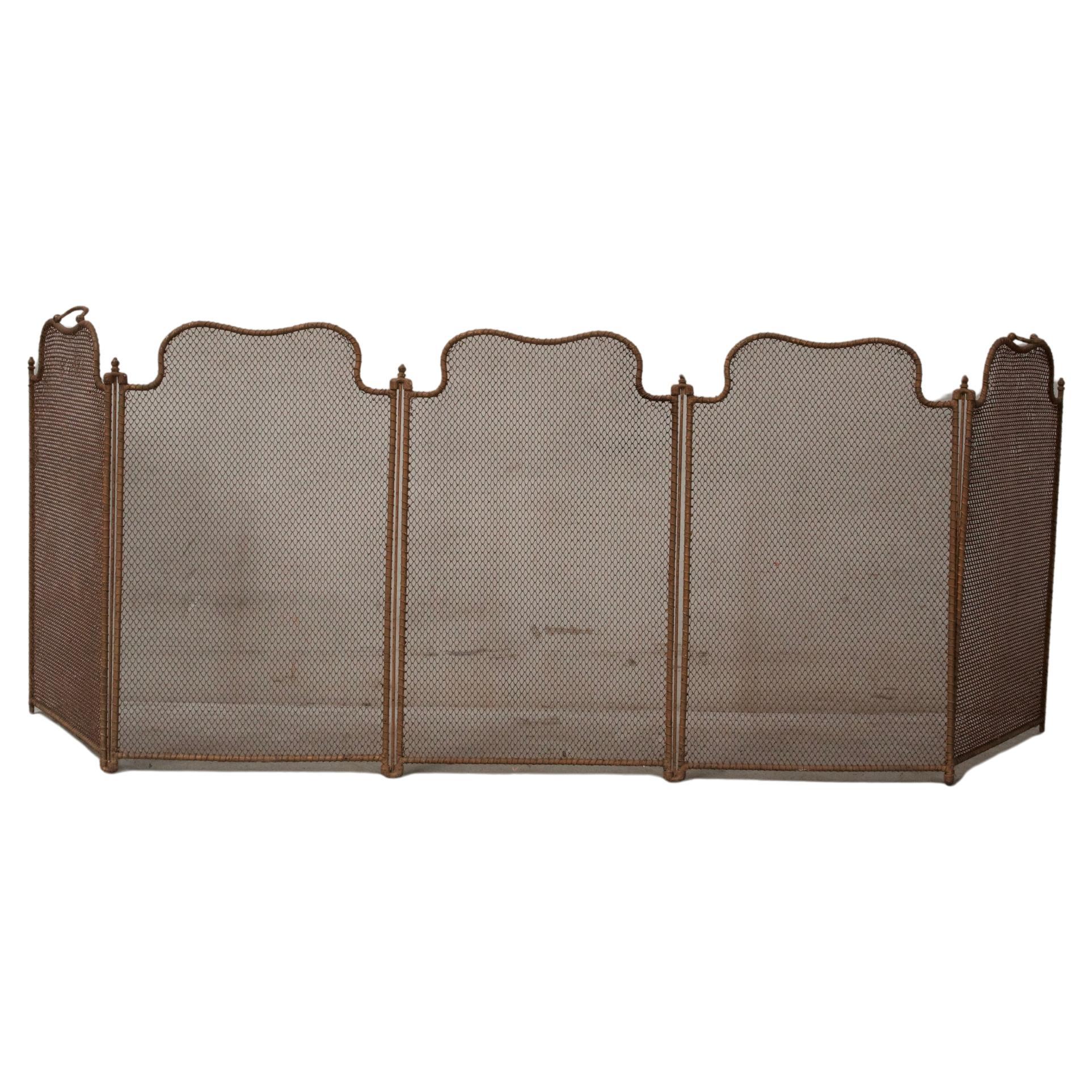 19th Century Antique Iron Brass and Mesh Five Panel Folding Fireplace Screen