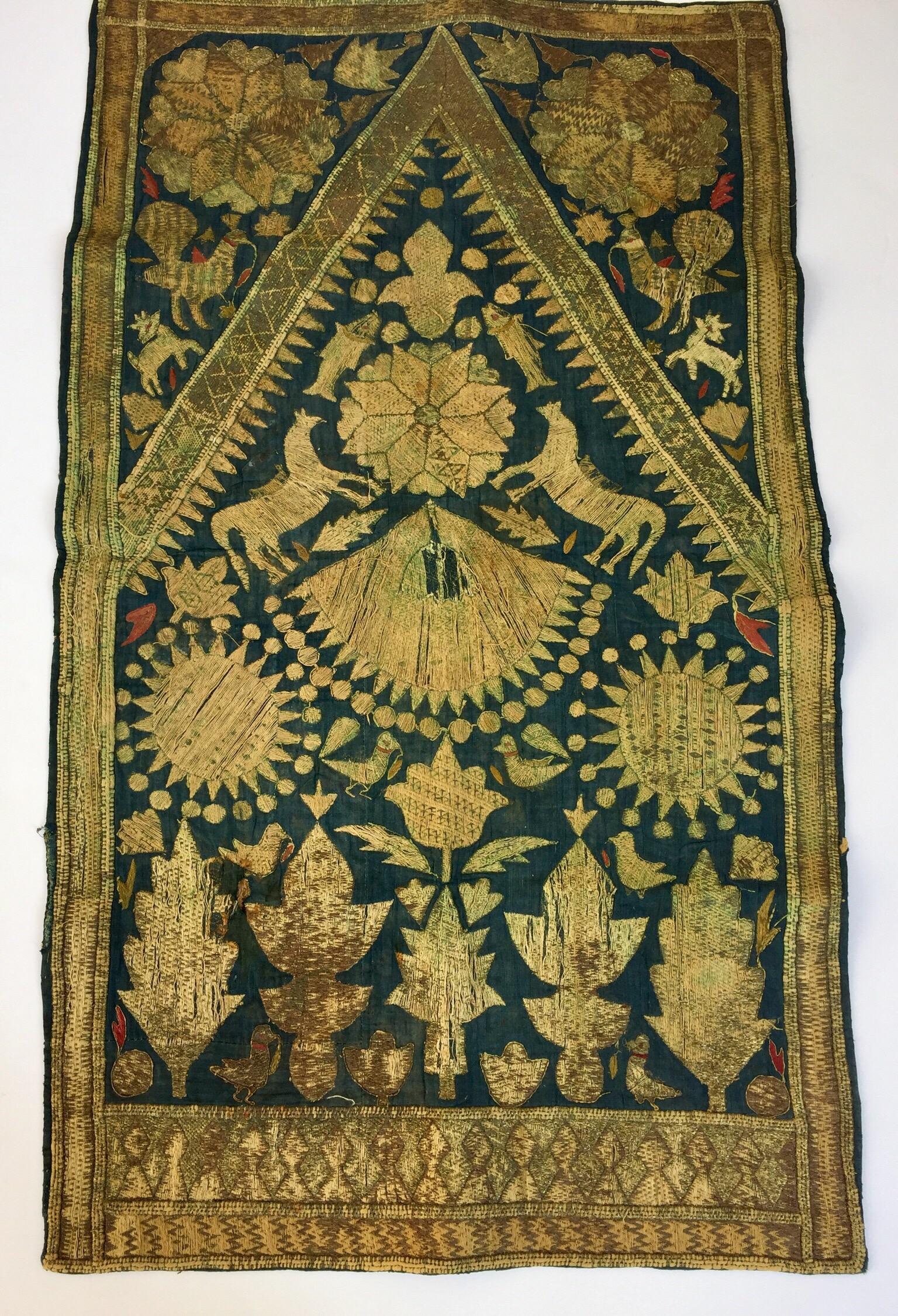 Early 19th century antique Islamic Ottoman Empire metallic threads embroidered silk textile.
Antique Oriental Byzantine textile depicting embroidered flowers depicting branches filled-in with silk floss threads creating an intricate embroidered