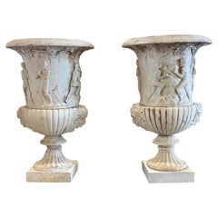 19th Century Antique Italian Marble Bacchanalian Urns Pair