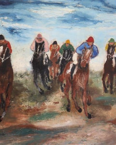 19th Century Antique Italian Oil Painting of Jockeys in Action by Giacomo Varese