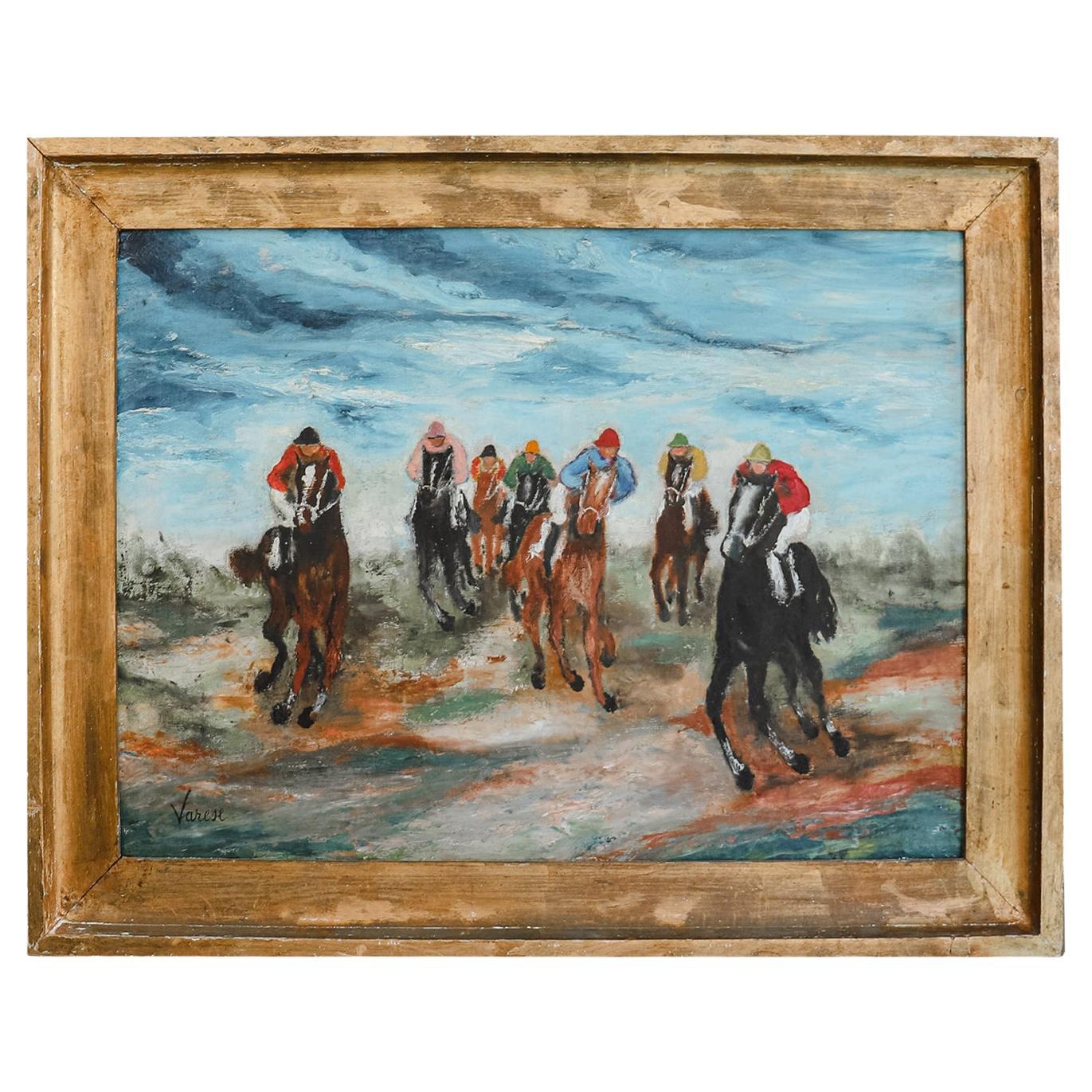 19th Century Antique Italian Oil Painting of Jockeys in Action by Giacomo Varese