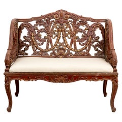 19th Century Antique Italian Painted and Carved White Oak Bench 19th Century Antique Italian Painted and Carved White Oak Bench