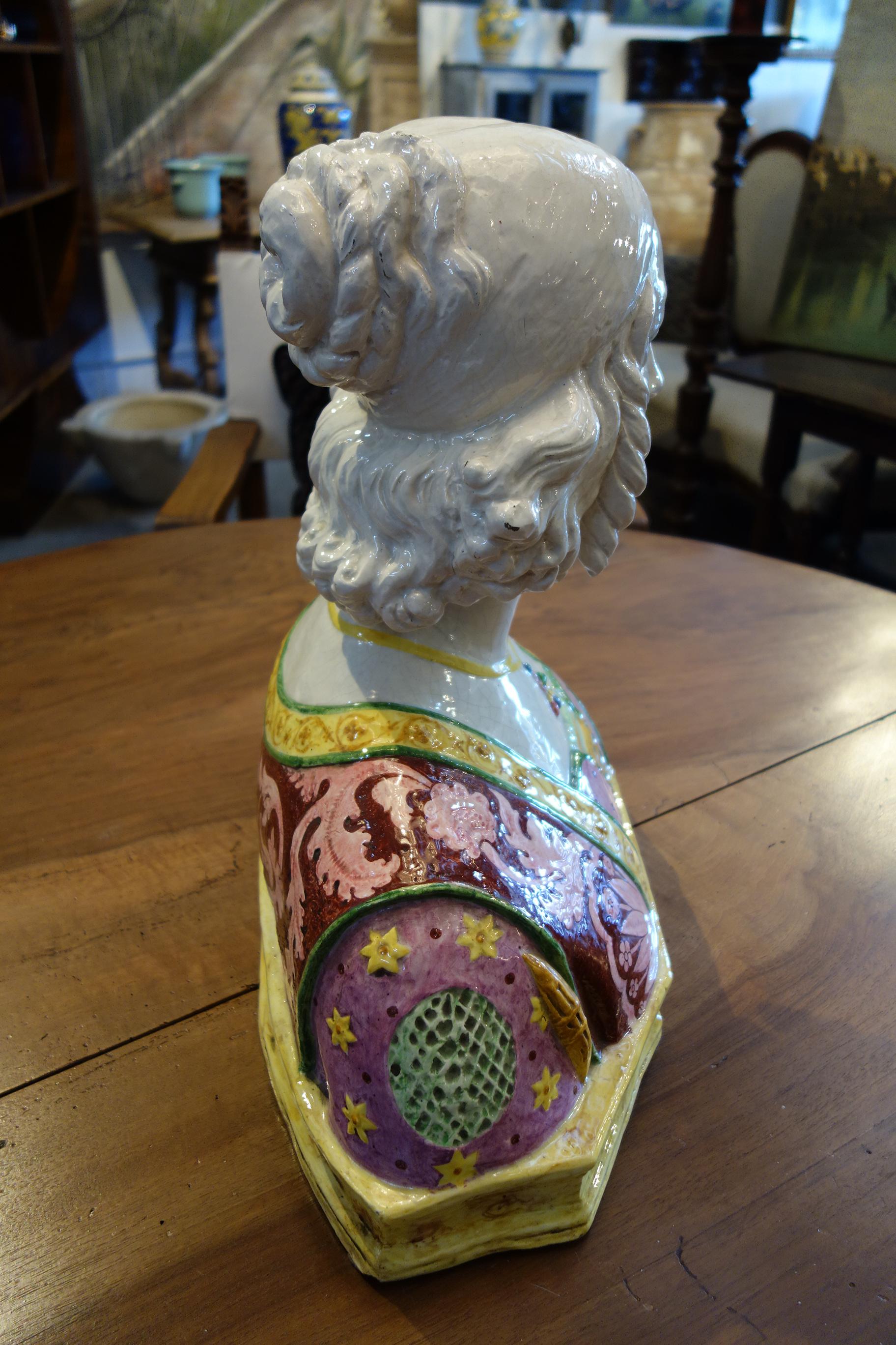 Hand-Painted 19th Century Antique Italian Renaissance Style Majolica Painted Bust