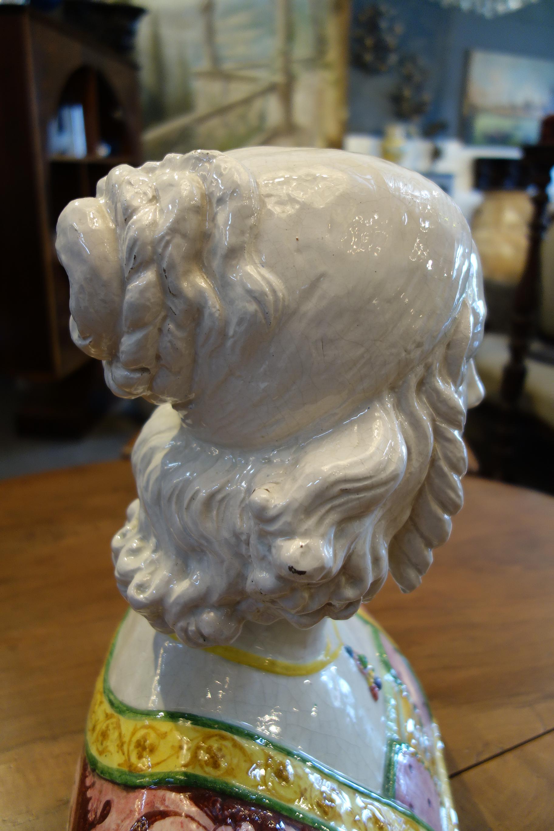 19th Century Antique Italian Renaissance Style Majolica Painted Bust In Excellent Condition In Encinitas, CA