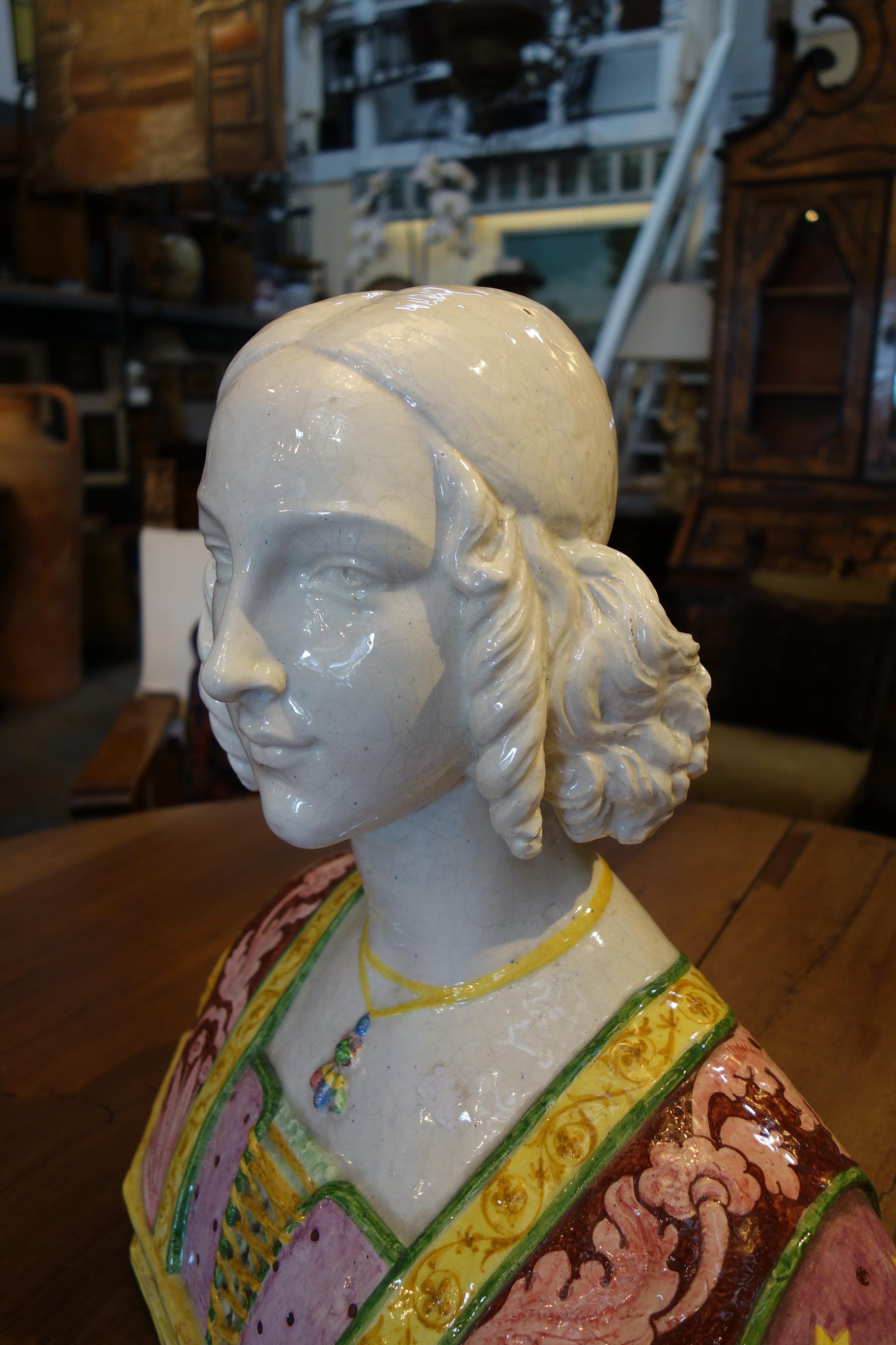 19th Century Antique Italian Renaissance Style Majolica Painted Bust 5