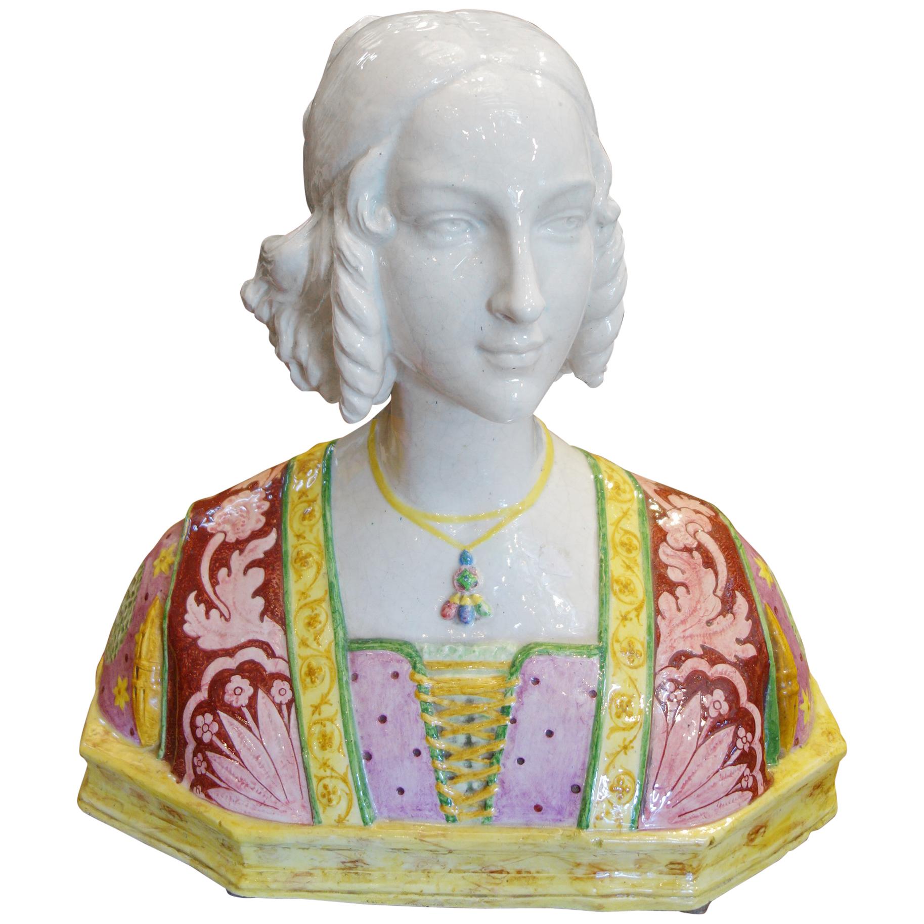 19th Century Antique Italian Renaissance Style Majolica Painted Bust