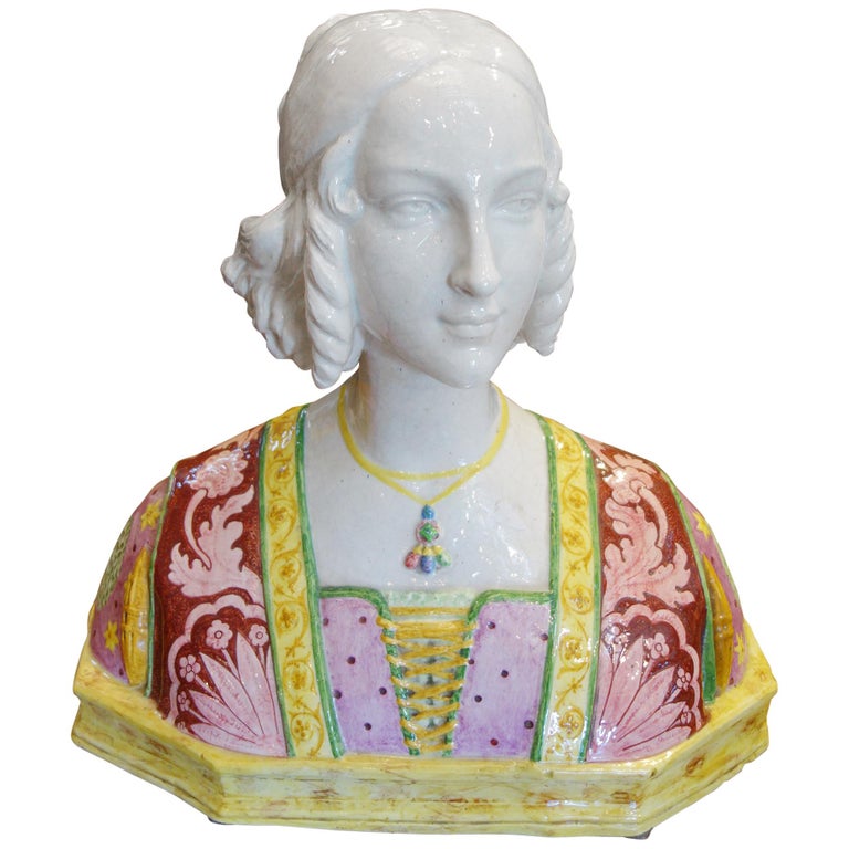 19th Century Antique Italian Renaissance Style Majolica Painted Bust at