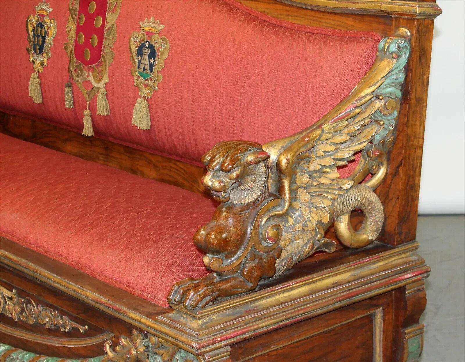 19th Century Antique Italian, Carved, Polychrome Walnut with Griffins, Sofa! For Sale 5