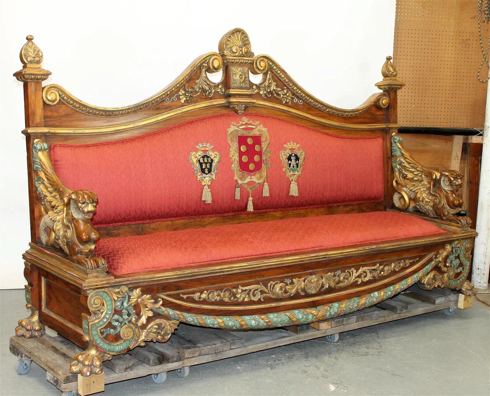 19th Century Antique Italian, Carved, Polychrome Walnut with Griffins, Sofa! In Good Condition For Sale In Austin, TX
