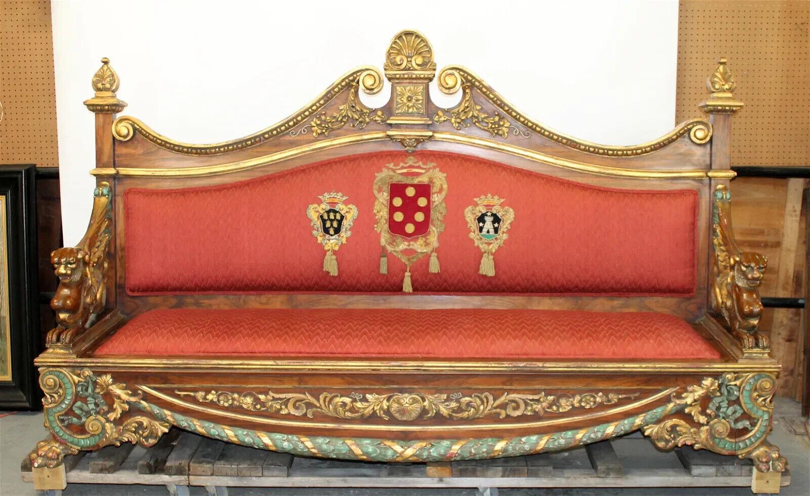 Fabric 19th Century Antique Italian, Carved, Polychrome Walnut with Griffins, Sofa! For Sale