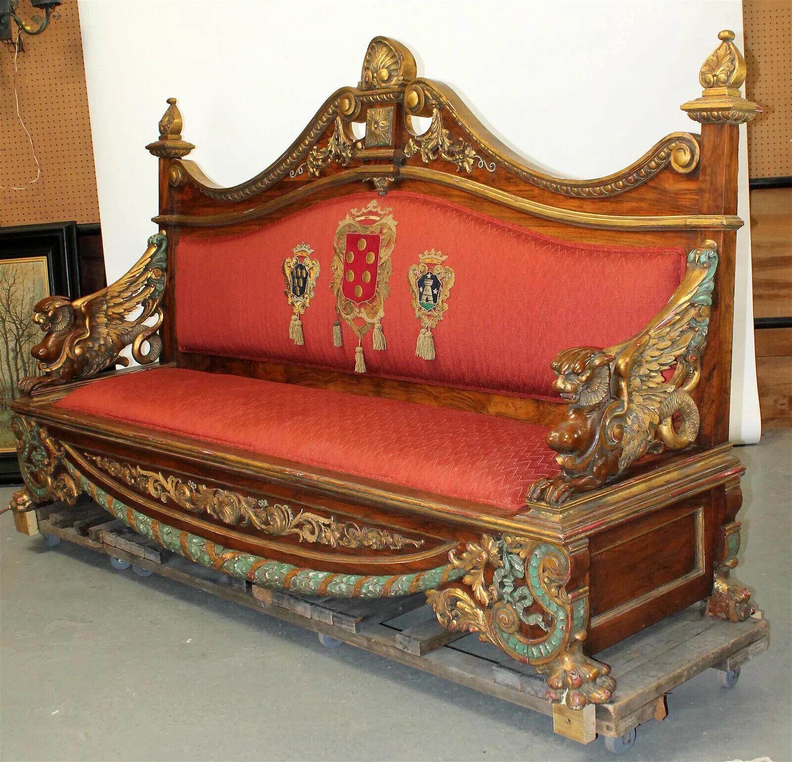 19th Century Antique Italian, Carved, Polychrome Walnut with Griffins, Sofa! For Sale 3