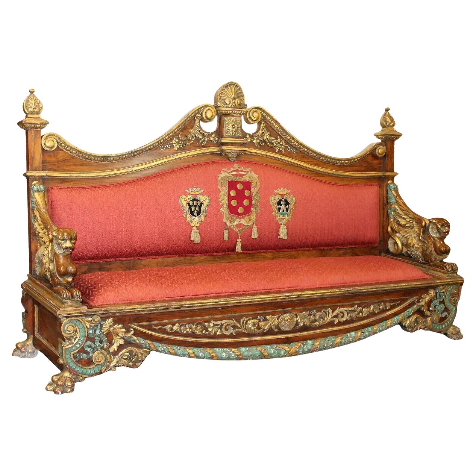 19th Century Antique Italian, Carved, Polychrome Walnut with Griffins, Sofa! For Sale