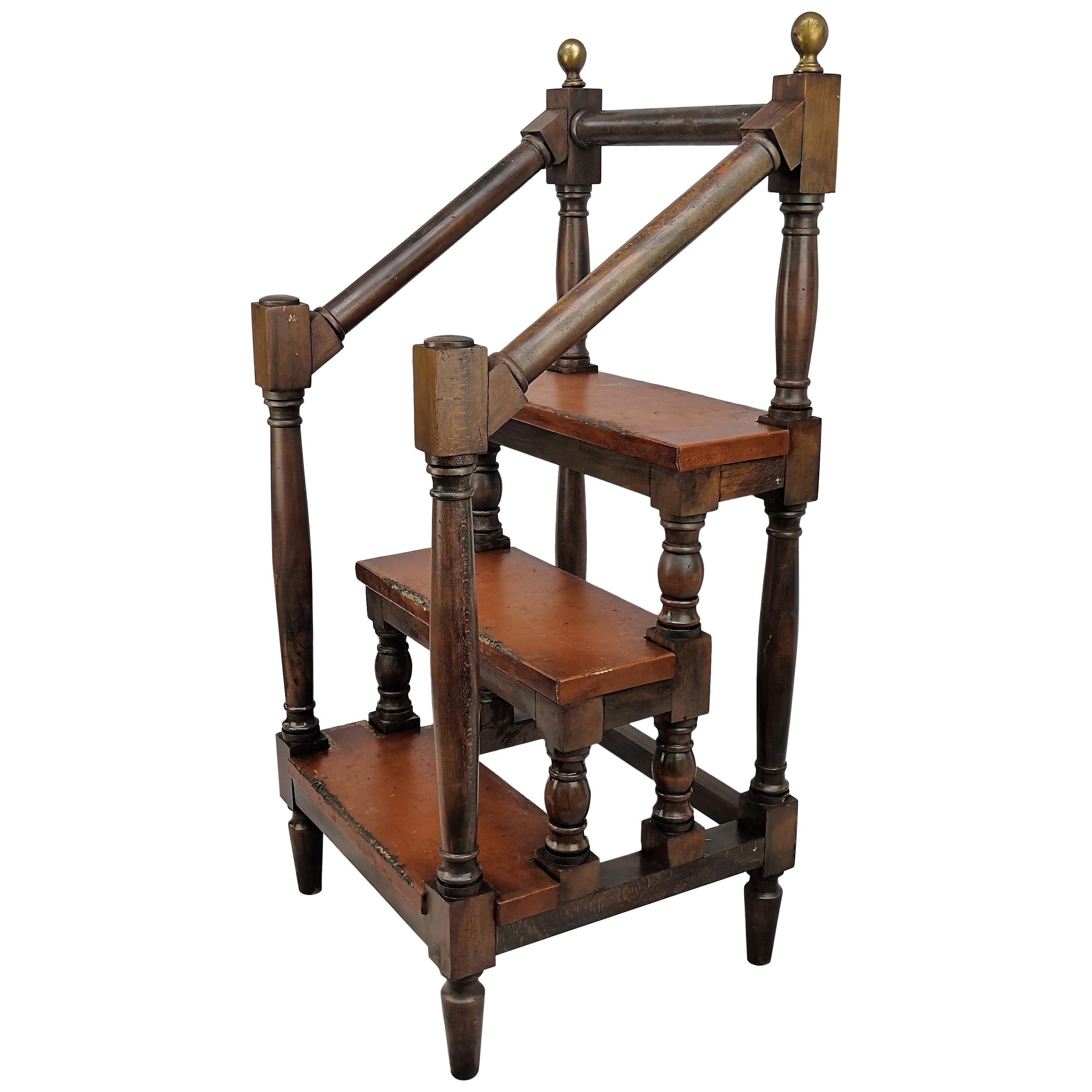 19th Century Antique Italian Wood and Leather Step Library Ladder