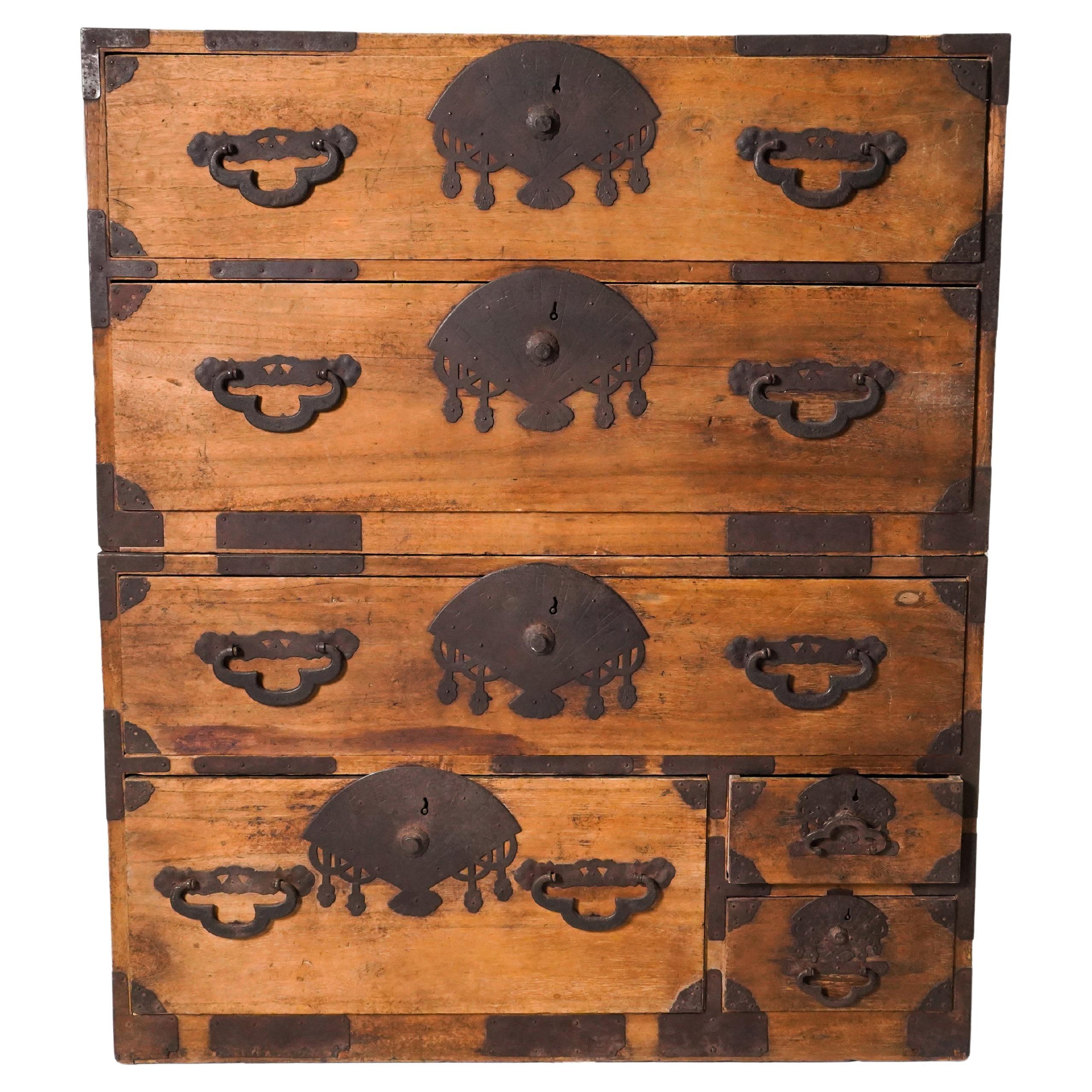 Rare C. 1850 Antique Japanese 2-Part Tansu Chest with Original Patina For Sale