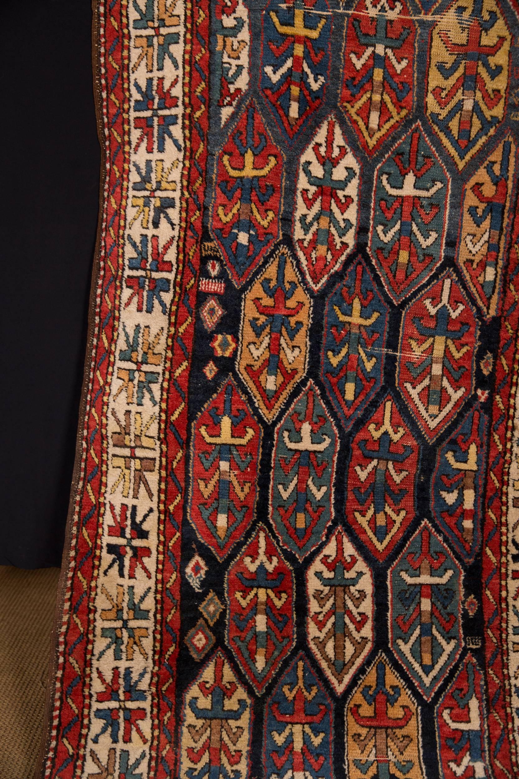 Hand-Knotted 19th Century Antique Kazak Carpet