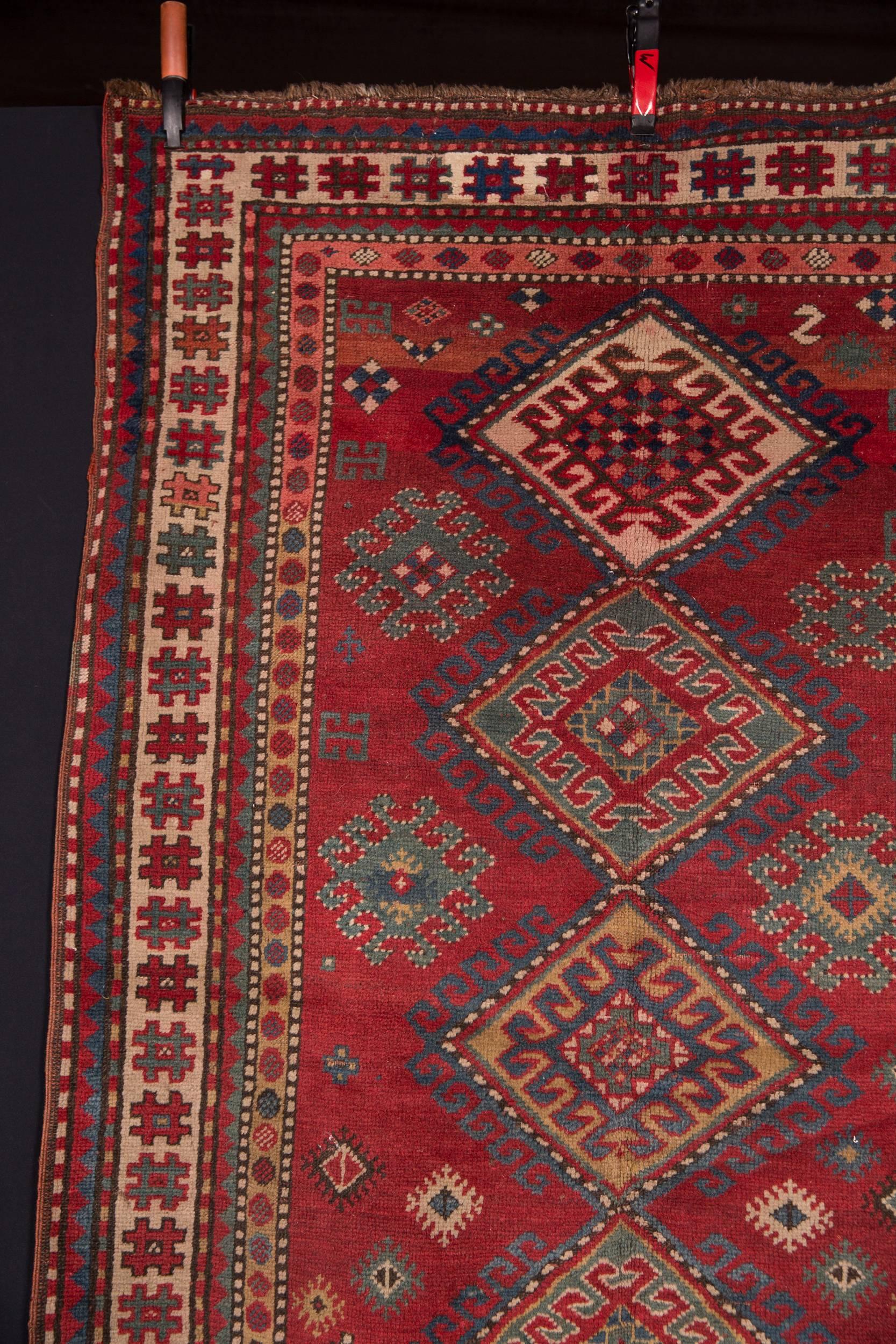 Great rare Kazak carpet. Good historical condition. See detail pictures. Measures: 235 cm x 110 cm.