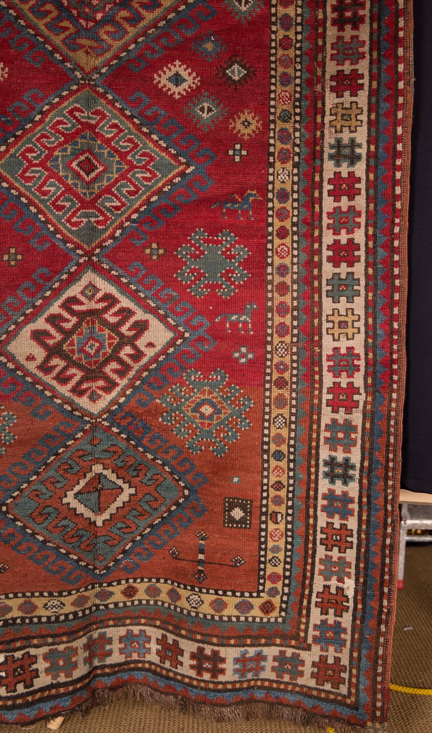 Hand-Knotted 19th Century Antique Kazak Rug Carpet