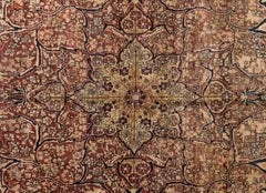 19th Century Antique Kerman Lavar Wool Carpet with Floral Medallion Design
