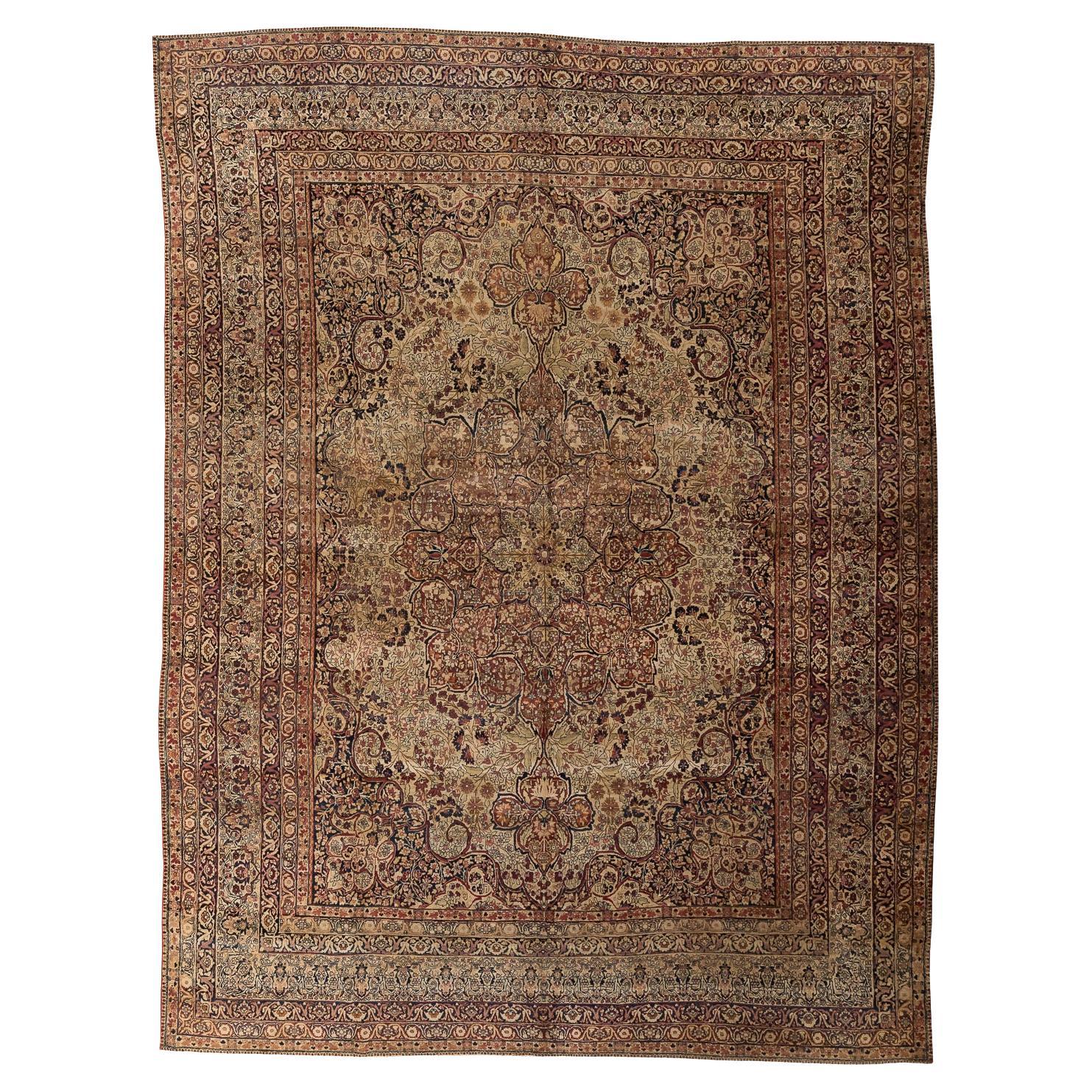 19th Century Antique Kerman Lavar Wool Carpet with Floral Medallion Design For Sale