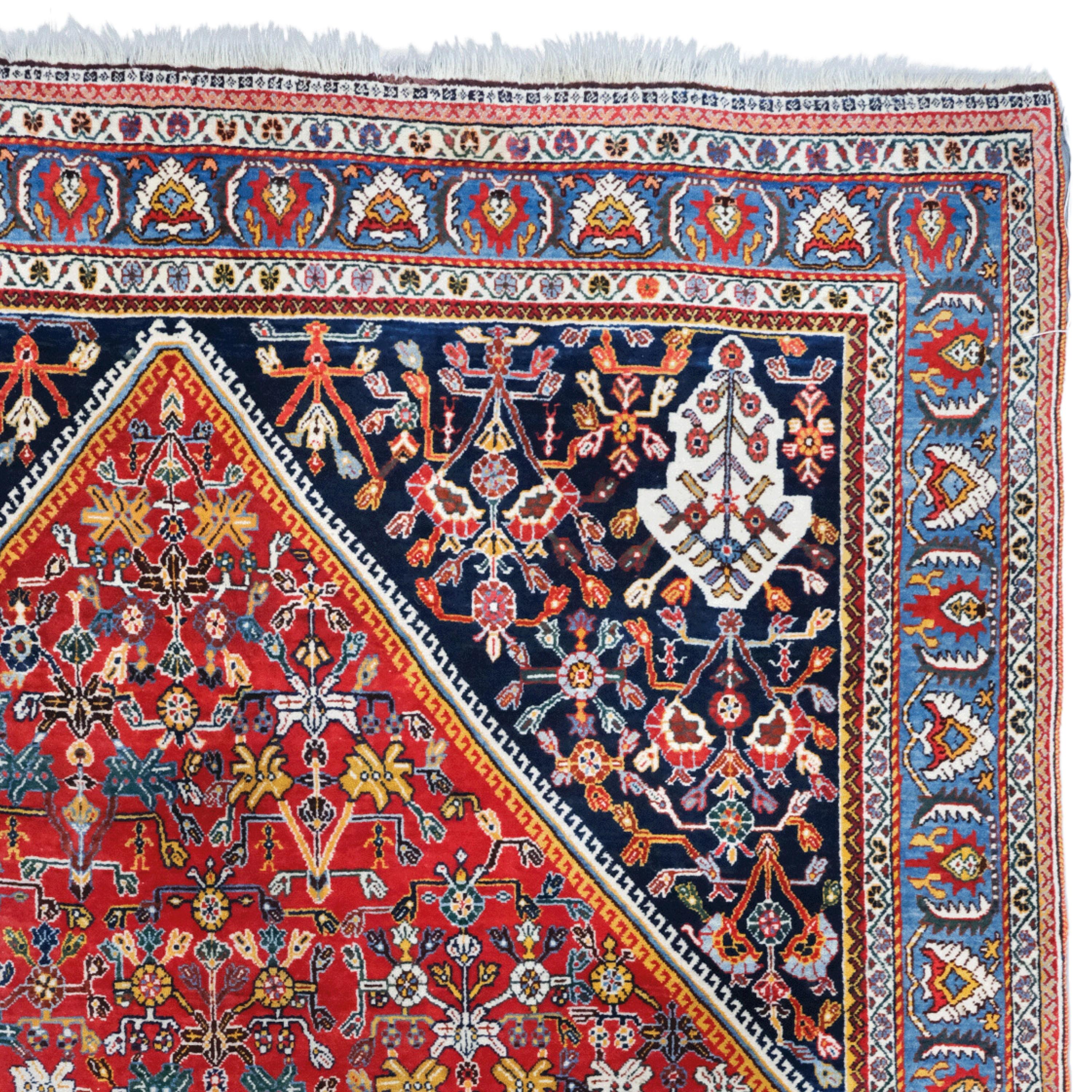 19th Century Antique Khamseh Rug - Antique Wool Rug, Handmade Rug, Area Rug In Good Condition For Sale In Sultanahmet, 34