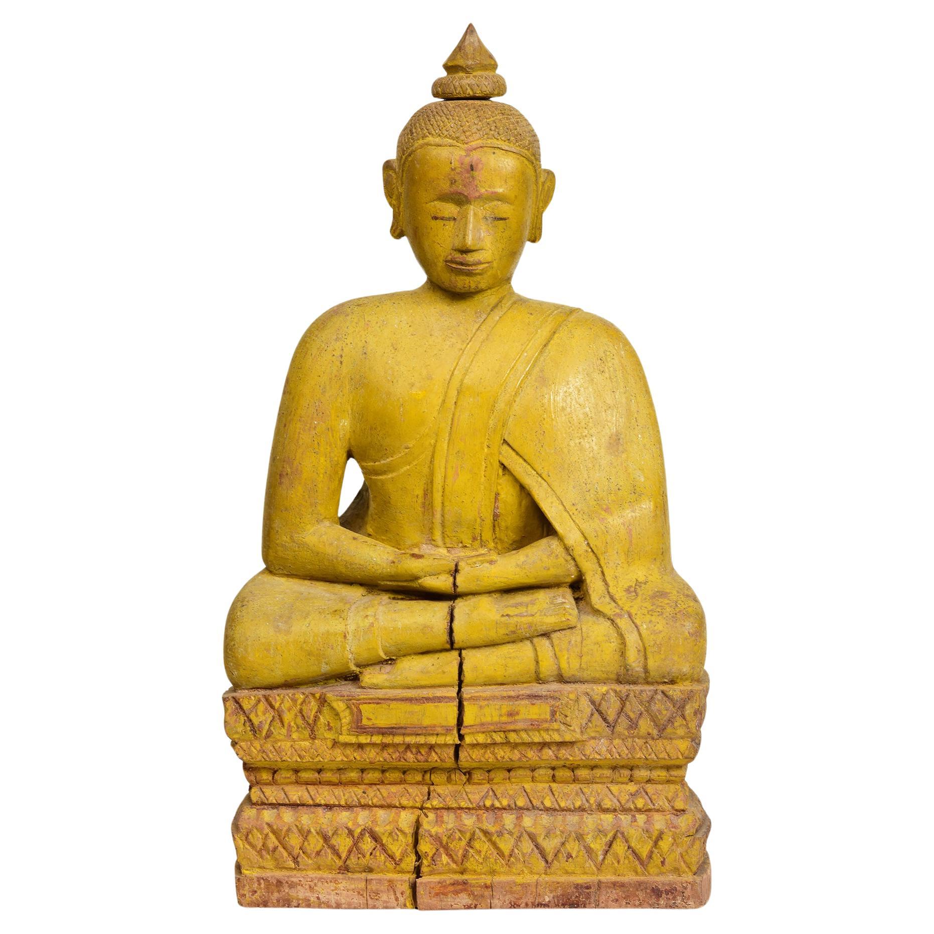 19. Jahrhundert, Antiker sitzender Buddha aus Khmer-Holz