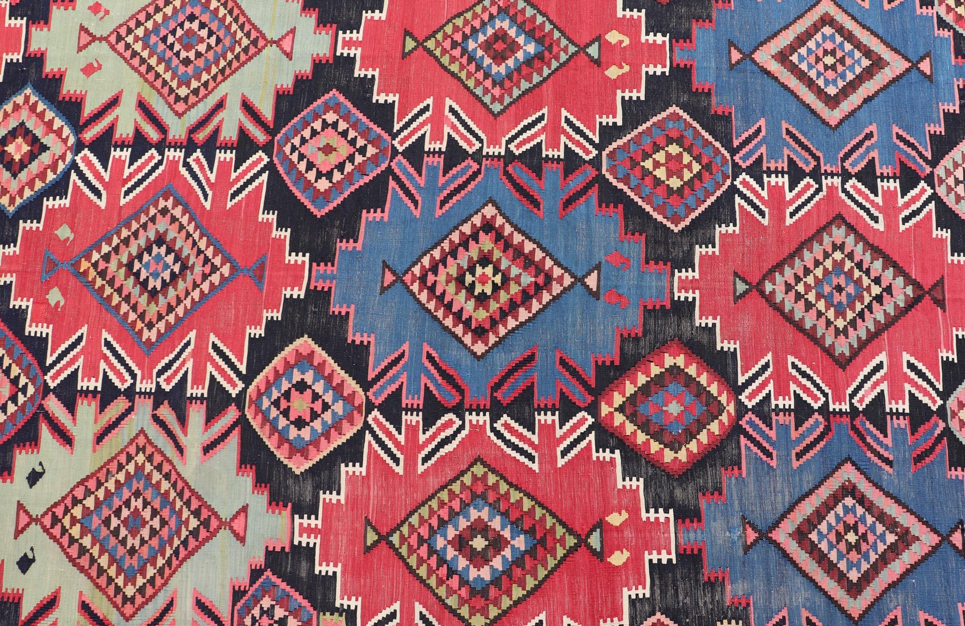 19th Century Antique Kuba Kilim Gallery Rug in with Vibrant Colors For Sale 2