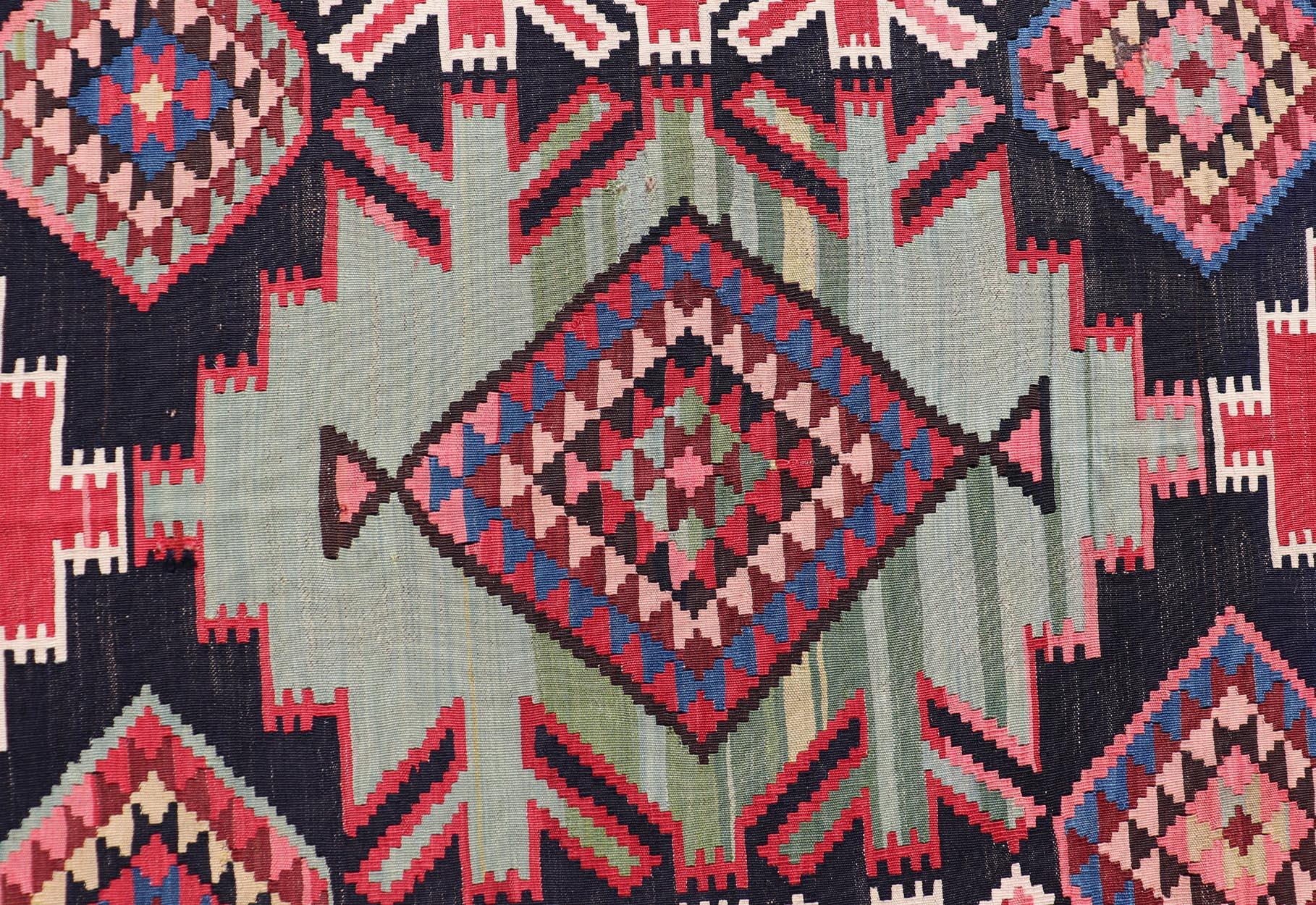 19th Century Antique Kuba Kilim Gallery Rug in with Vibrant Colors For Sale 3