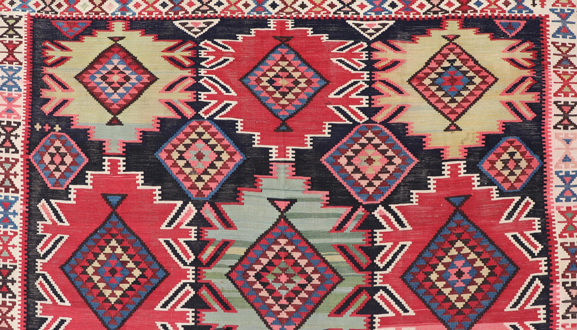 19th Century Antique Kuba Kilim Gallery Rug in with Vibrant Colors For Sale 4