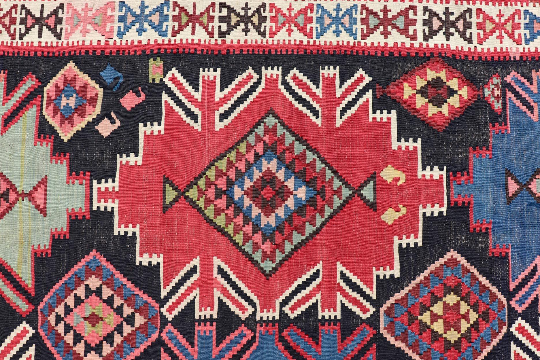 19th Century Antique Kuba Kilim Gallery Rug in with Vibrant Colors For Sale 5