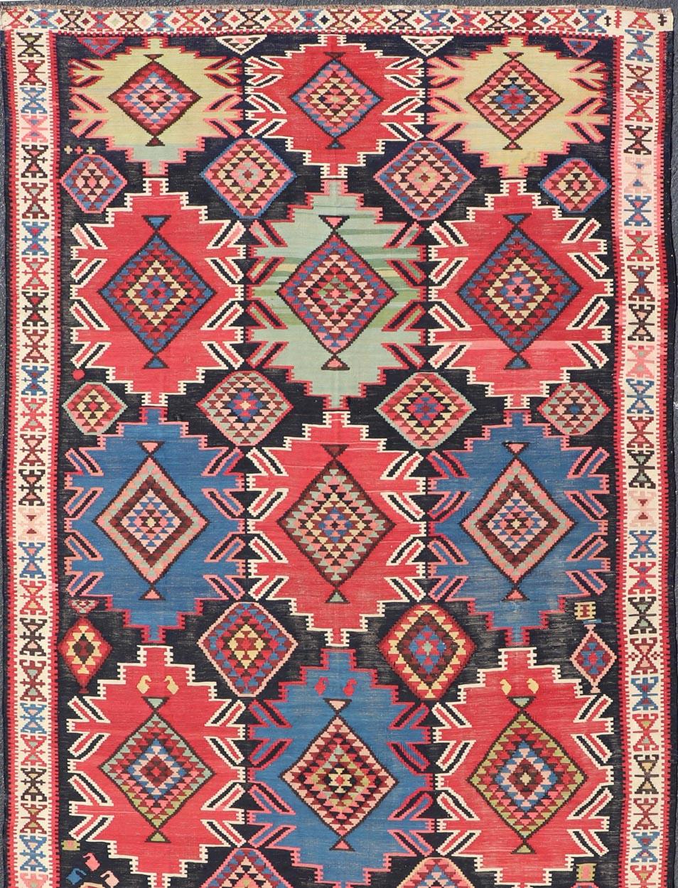 Kazak 19th Century Antique Kuba Kilim Gallery Rug in with Vibrant Colors For Sale