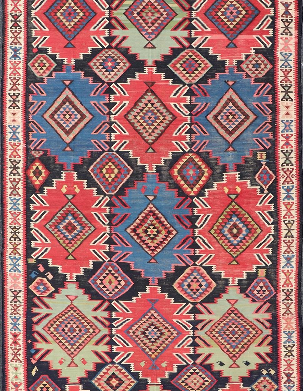 Caucasian 19th Century Antique Kuba Kilim Gallery Rug in with Vibrant Colors For Sale