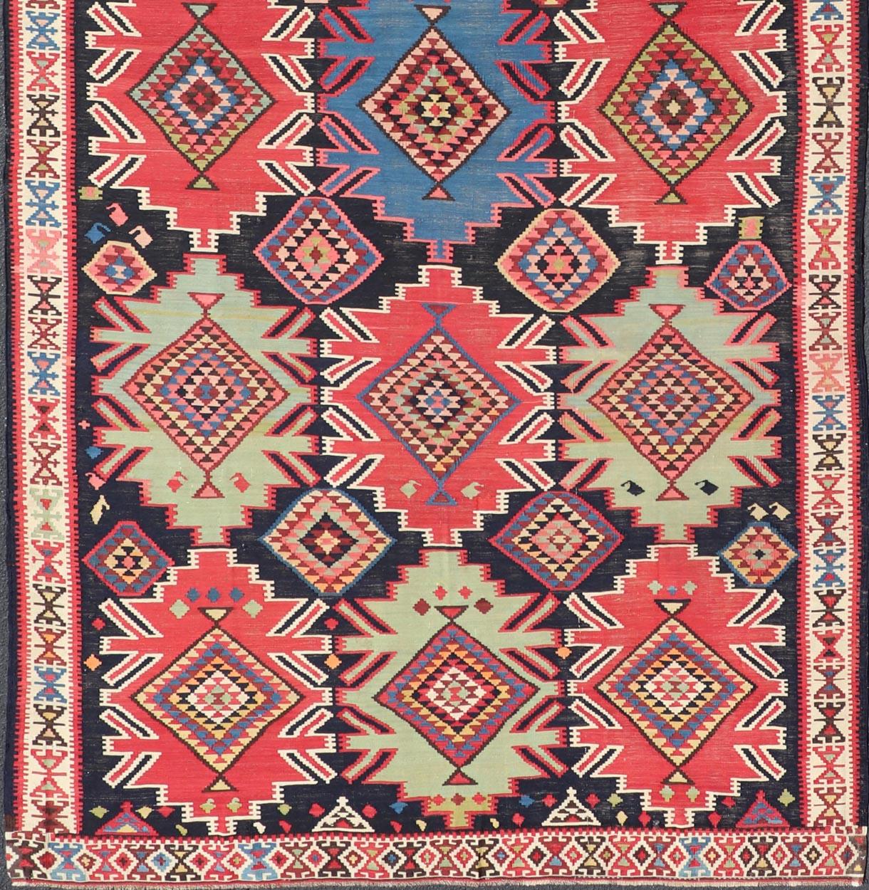 Hand-Woven 19th Century Antique Kuba Kilim Gallery Rug in with Vibrant Colors For Sale
