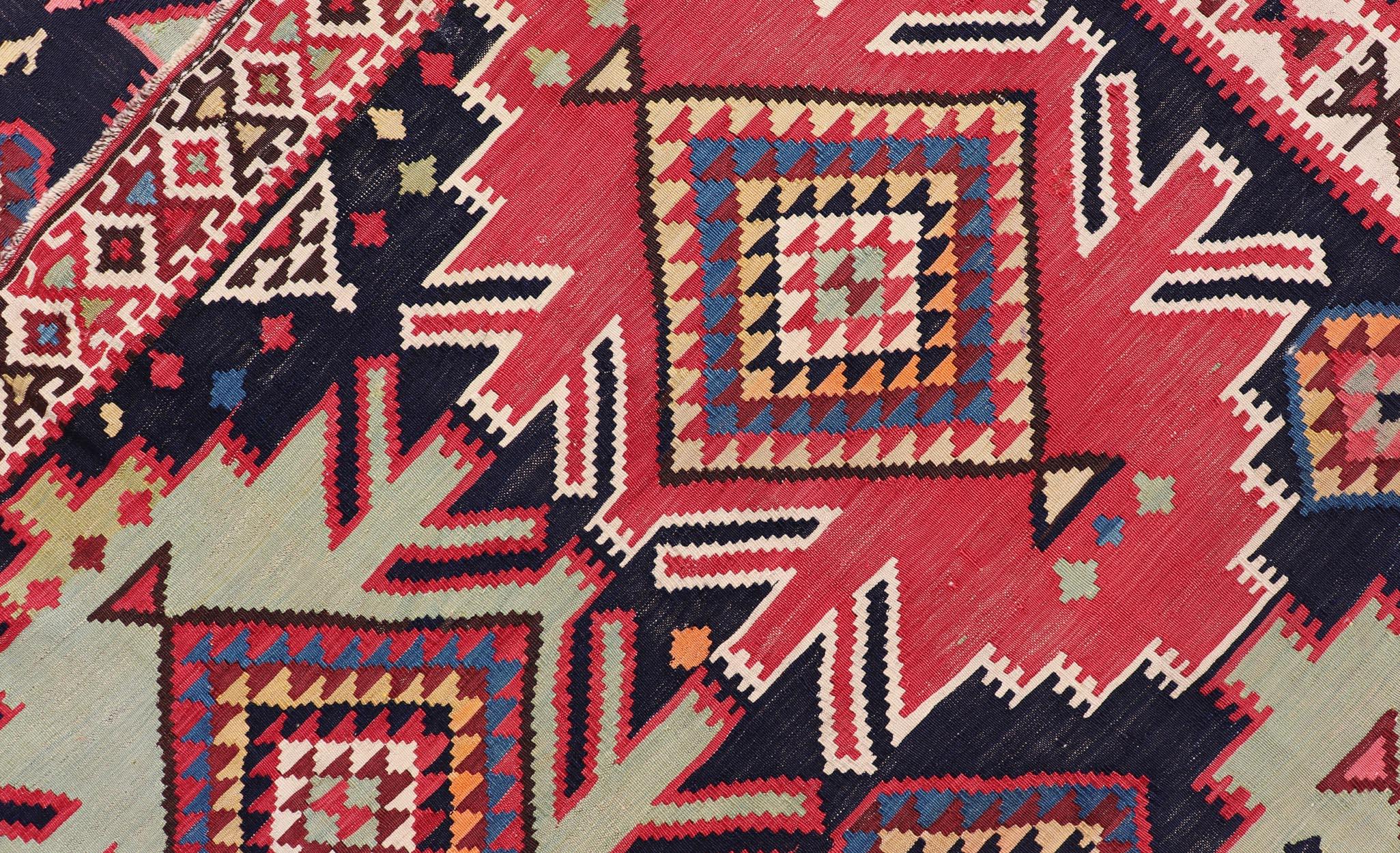 19th Century Antique Kuba Kilim Gallery Rug in with Vibrant Colors In Excellent Condition For Sale In Atlanta, GA